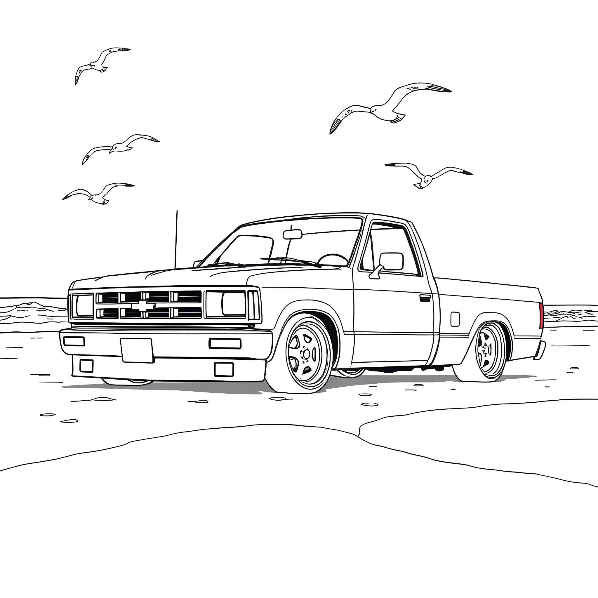 Pickup truck on the beach with seagulls Coloring Page (free black-and-white line drawing printable PDF for all, from beginners to advanced learners, including children, teens, adults, and seniors)