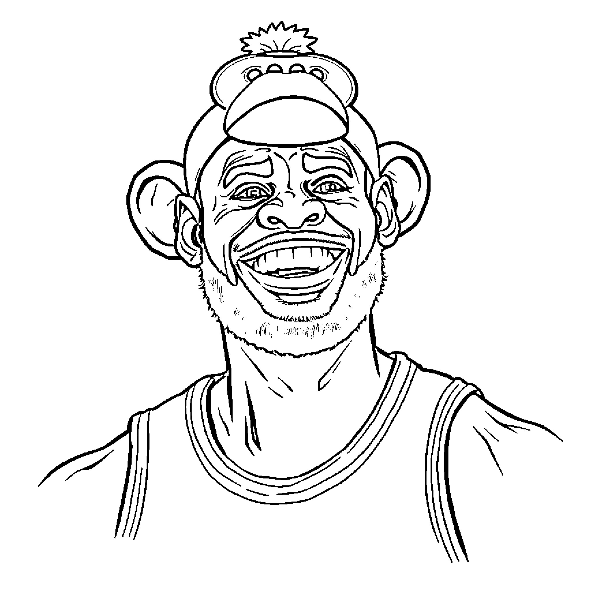 LeBron James smiling and making a funny face Coloring Page (free black-and-white line drawing printable PDF for all, from beginners to advanced learners, including children, teens, adults, and seniors)