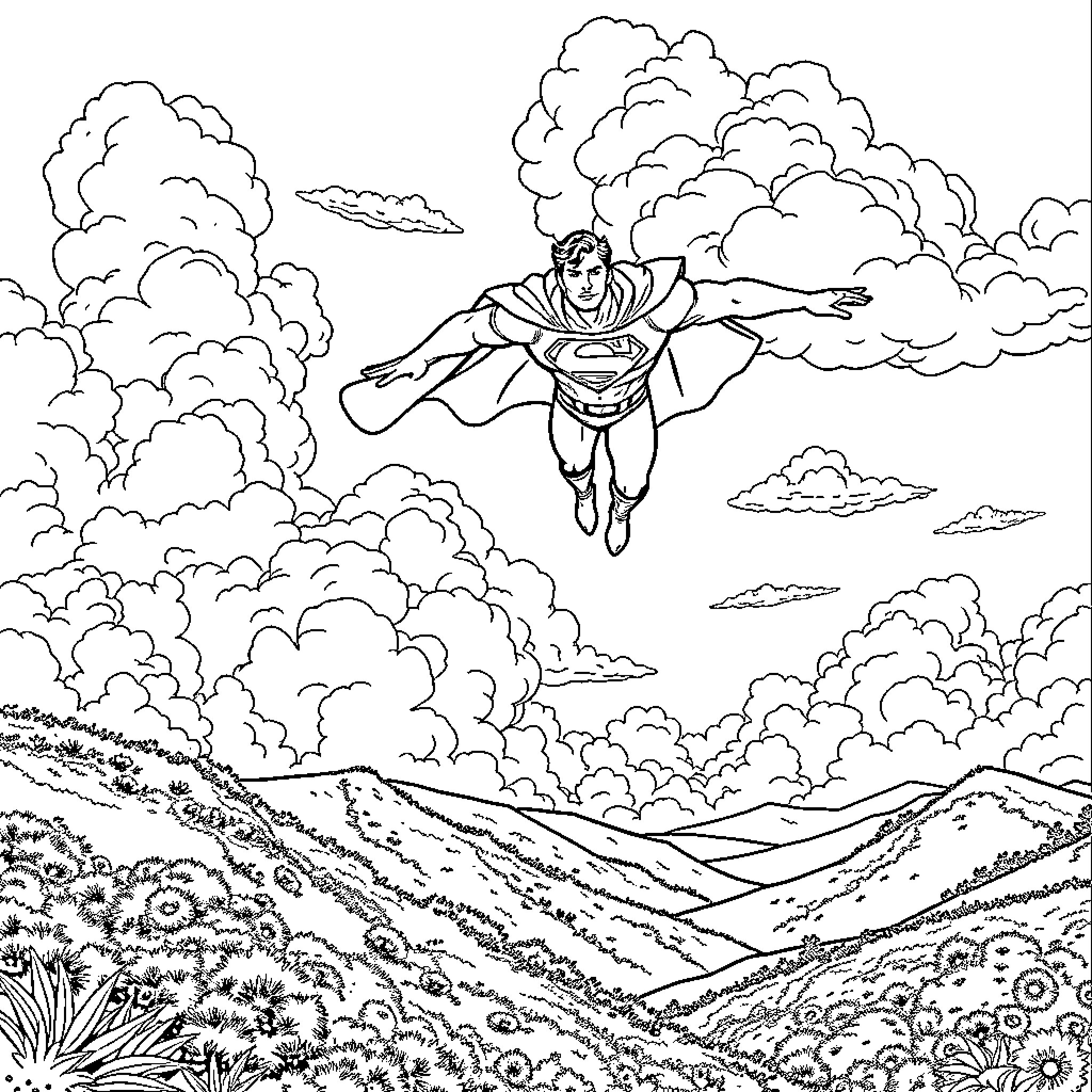 Superman soaring through the clouds over a scenic landscape Coloring Page (free black-and-white line drawing printable PDF for all, from beginners to advanced learners, including children, teens, adults, and seniors)