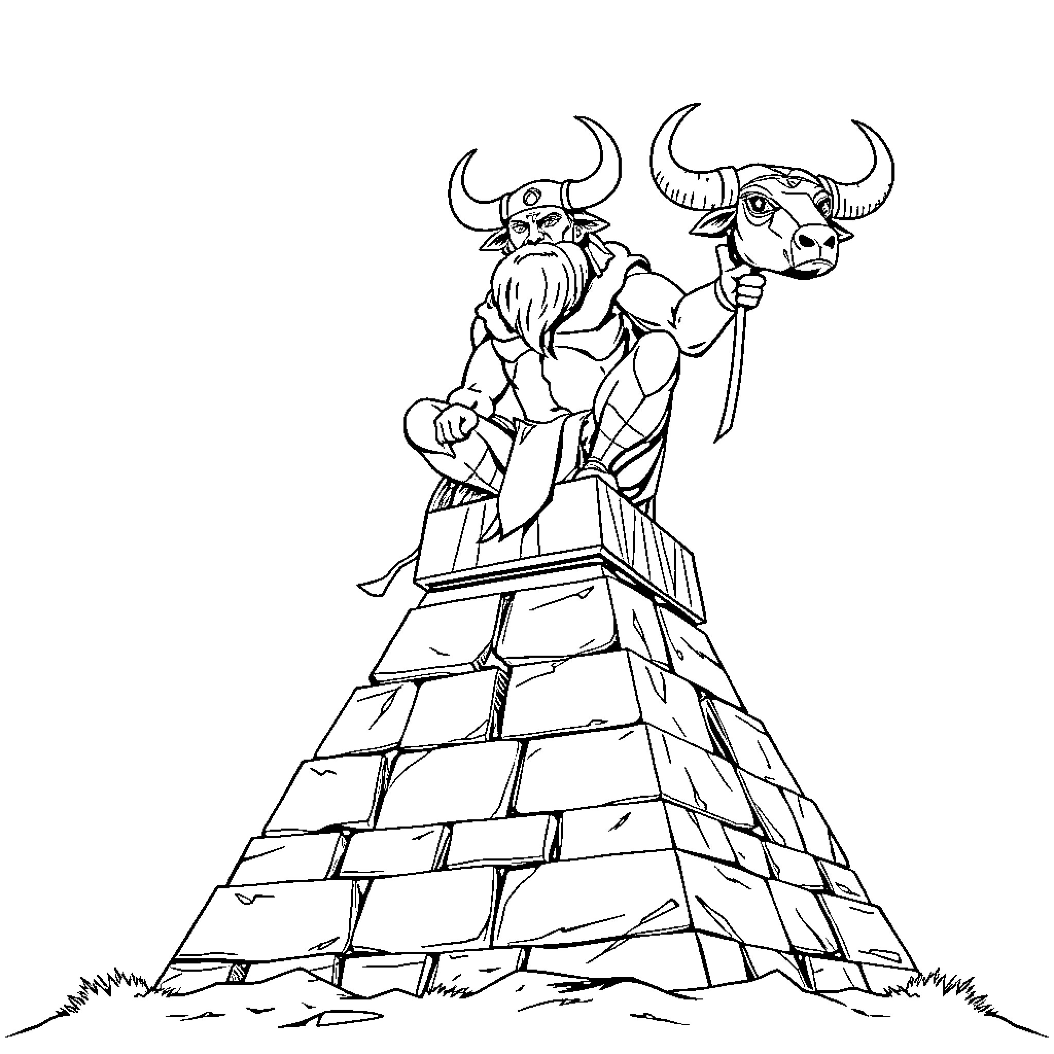 Zmaj Warrior Stands Atop Ancient Pyramid Coloring Page (free black-and-white line drawing printable PDF for all, from beginners to advanced learners, including children, teens, adults, and seniors)