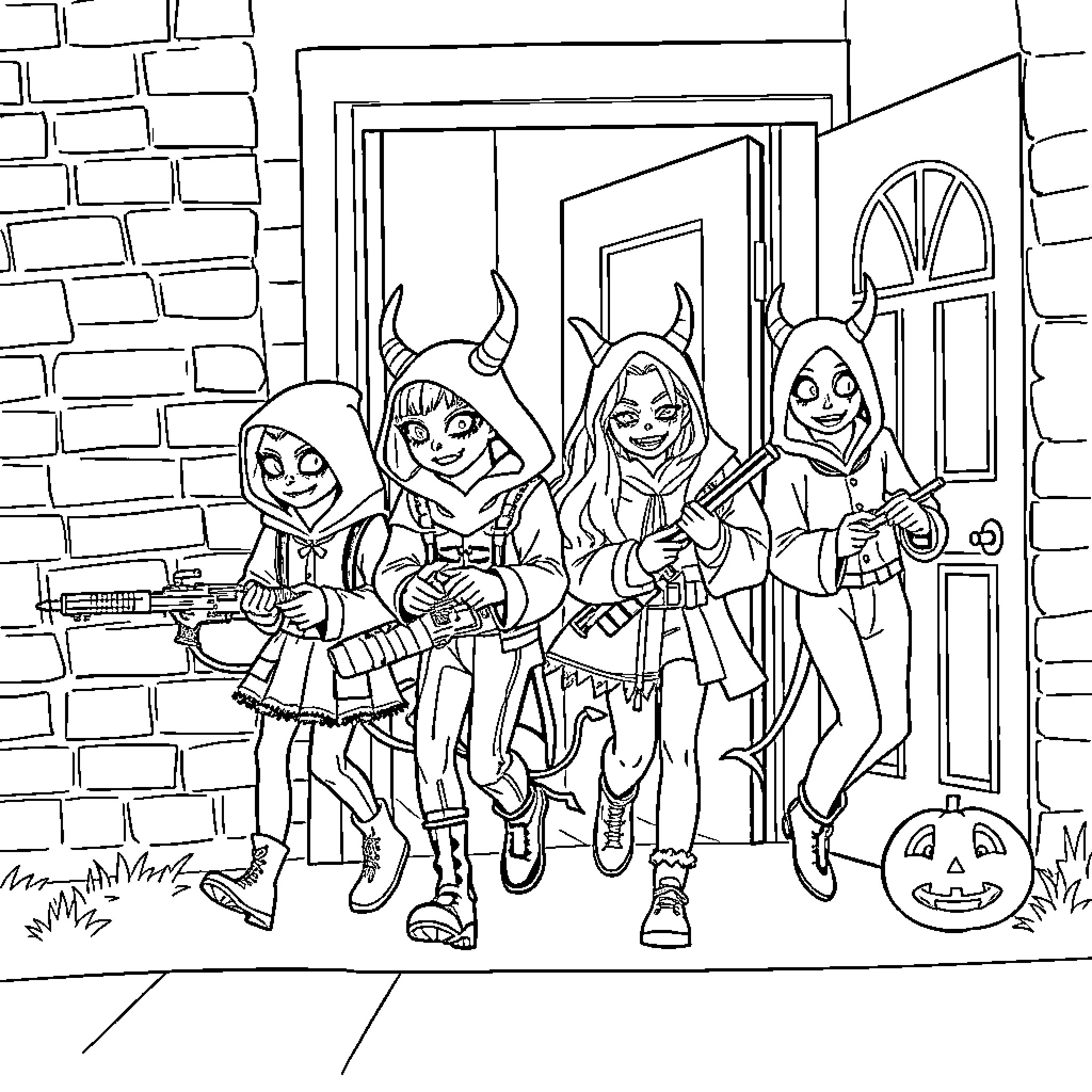 Demon Hunters Trick-or-Treating on Halloween Night Coloring Page (free black-and-white line drawing printable PDF for all, from beginners to advanced learners, including children, teens, adults, and seniors)