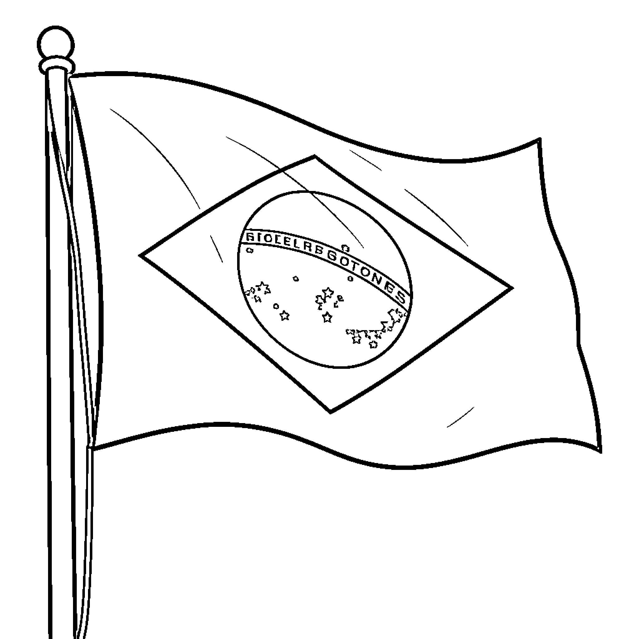 Brazil Flag waving on a flagpole Coloring Page (free black-and-white line drawing printable PDF for all, from beginners to advanced learners, including children, teens, adults, and seniors)
