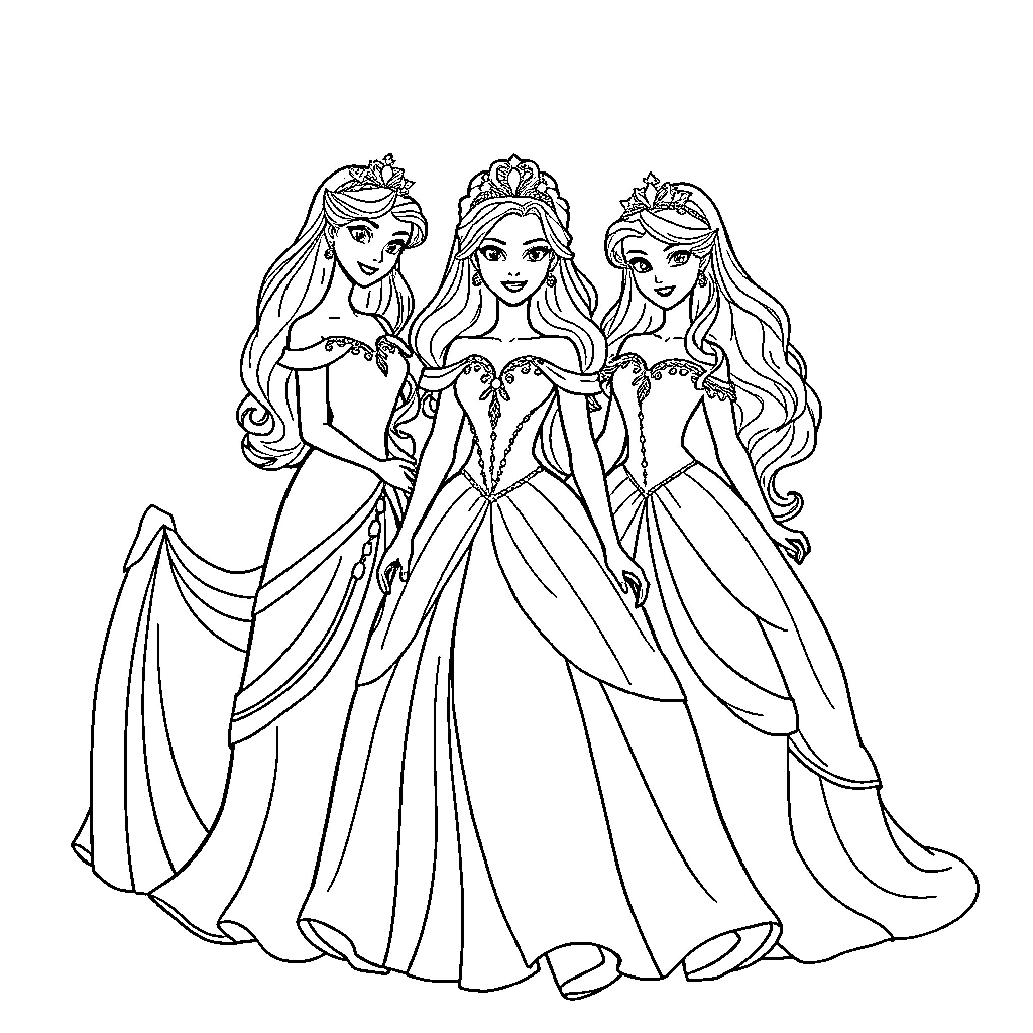 Princesses in Elegant Formal Attire Coloring Page (free black-and-white line drawing printable PDF for all, from beginners to advanced learners, including children, teens, adults, and seniors)