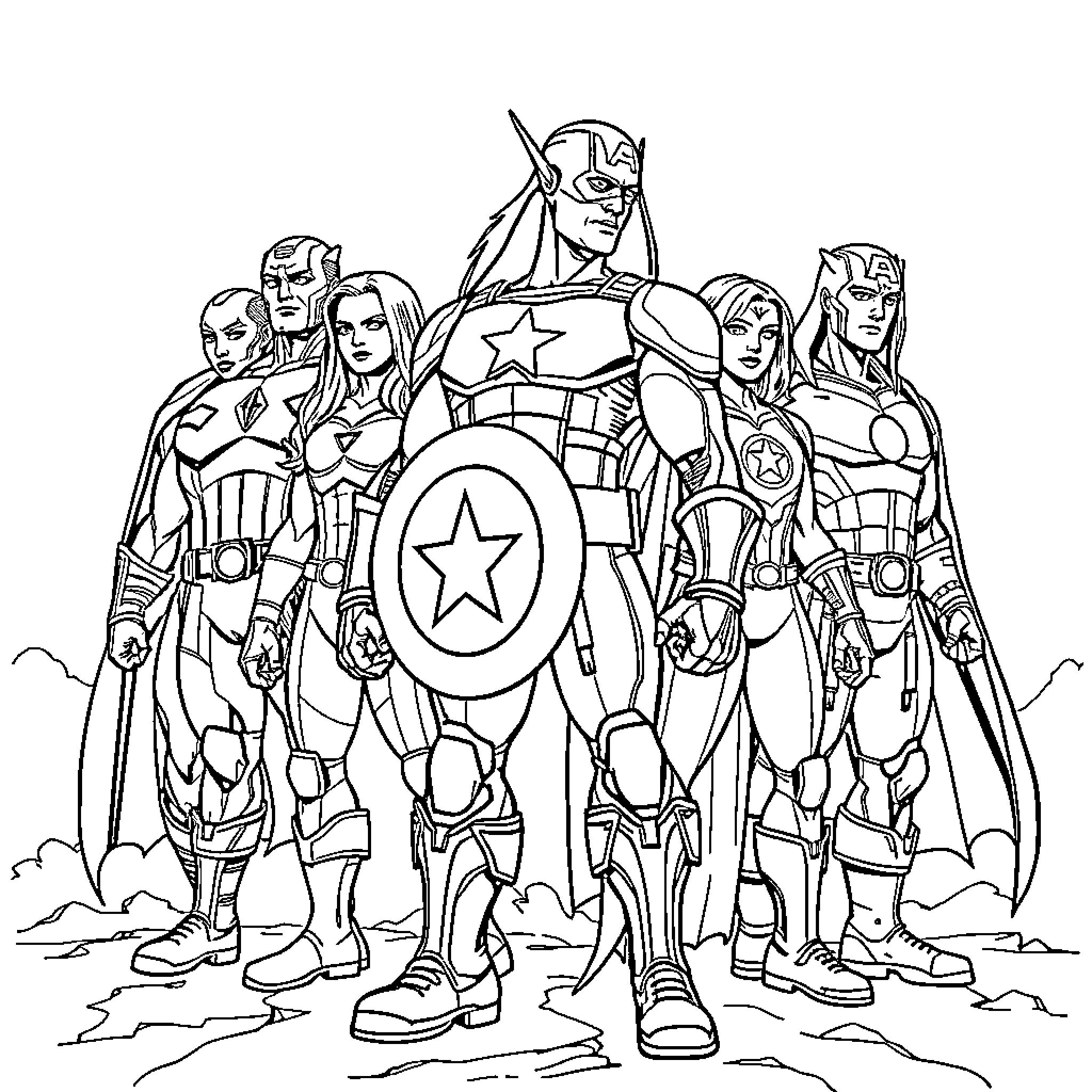 Avenger team posing for action with uniforms and gear Coloring Page (free black-and-white line drawing printable PDF for all, from beginners to advanced learners, including children, teens, adults, and seniors)