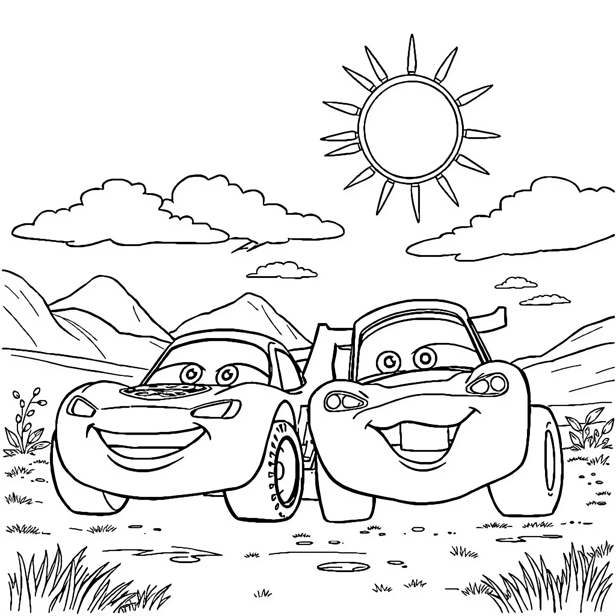 McQueen Cars enjoying the sunny outdoors Coloring Page (free black-and-white line drawing printable PDF for all, from beginners to advanced learners, including children, teens, adults, and seniors)