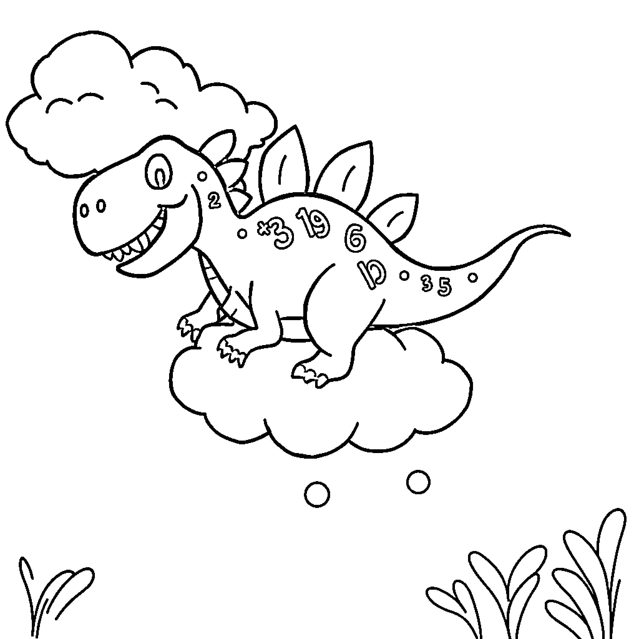 Dinosaur playing in the clouds Coloring Page (free black-and-white line drawing printable PDF for all, from beginners to advanced learners, including children, teens, adults, and seniors)