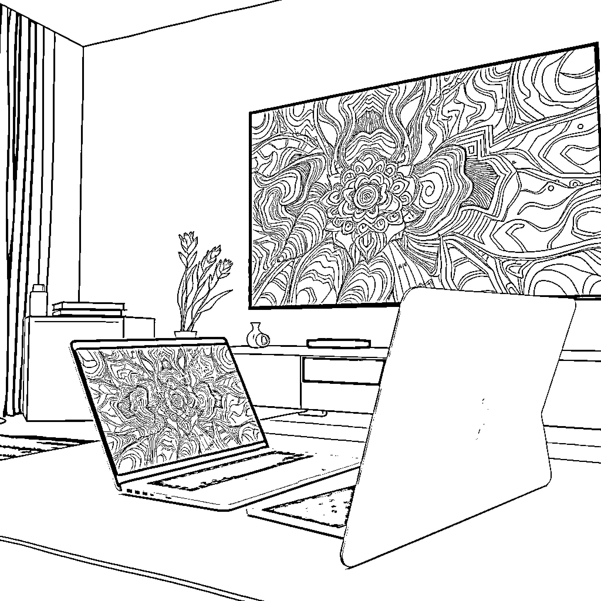 HP Chromebook in modern home office setting Coloring Page (free black-and-white line drawing printable PDF for all, from beginners to advanced learners, including children, teens, adults, and seniors)