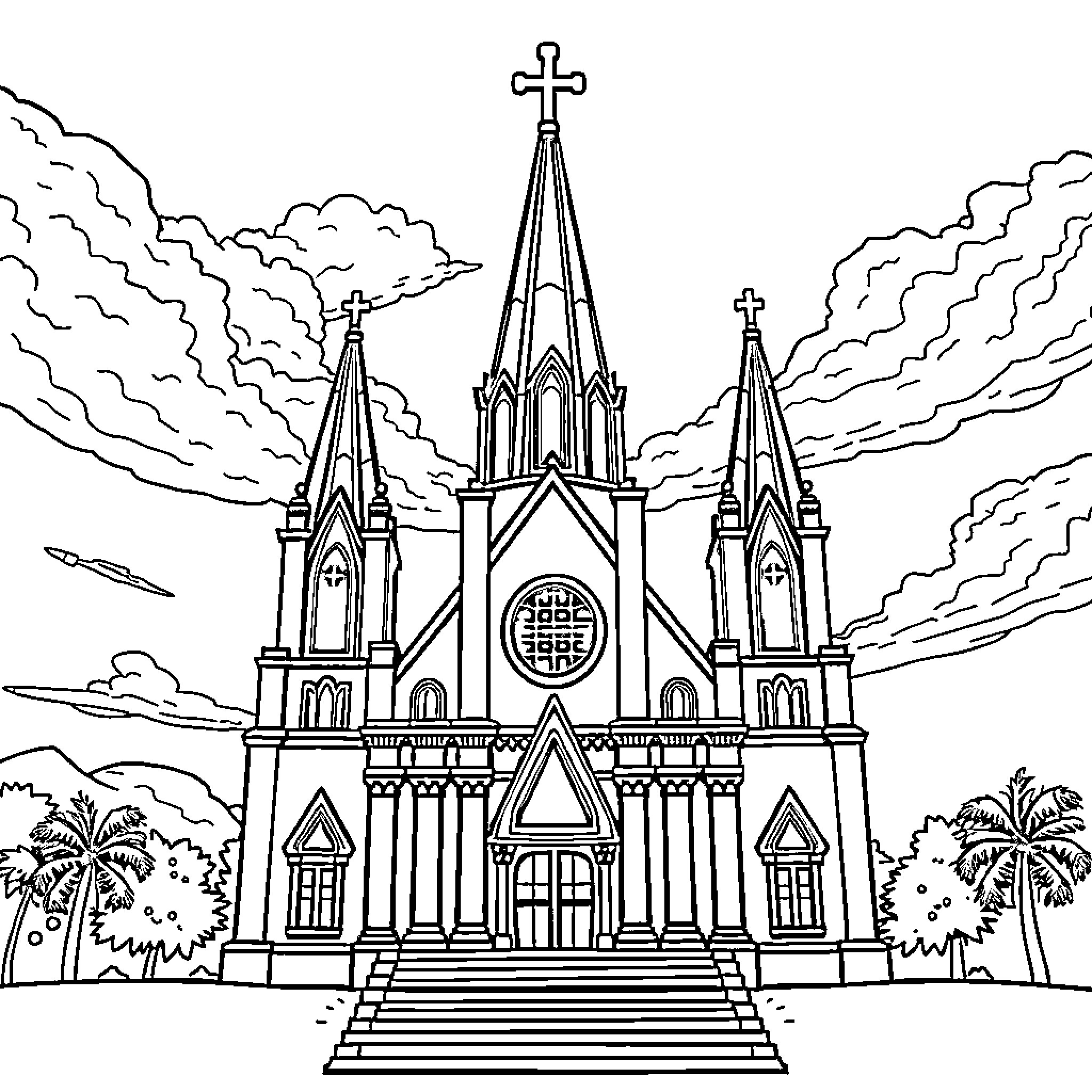 Iglesia - Ornate Gothic Cathedral Silhouette Coloring Page (free black-and-white line drawing printable PDF for all, from beginners to advanced learners, including children, teens, adults, and seniors)