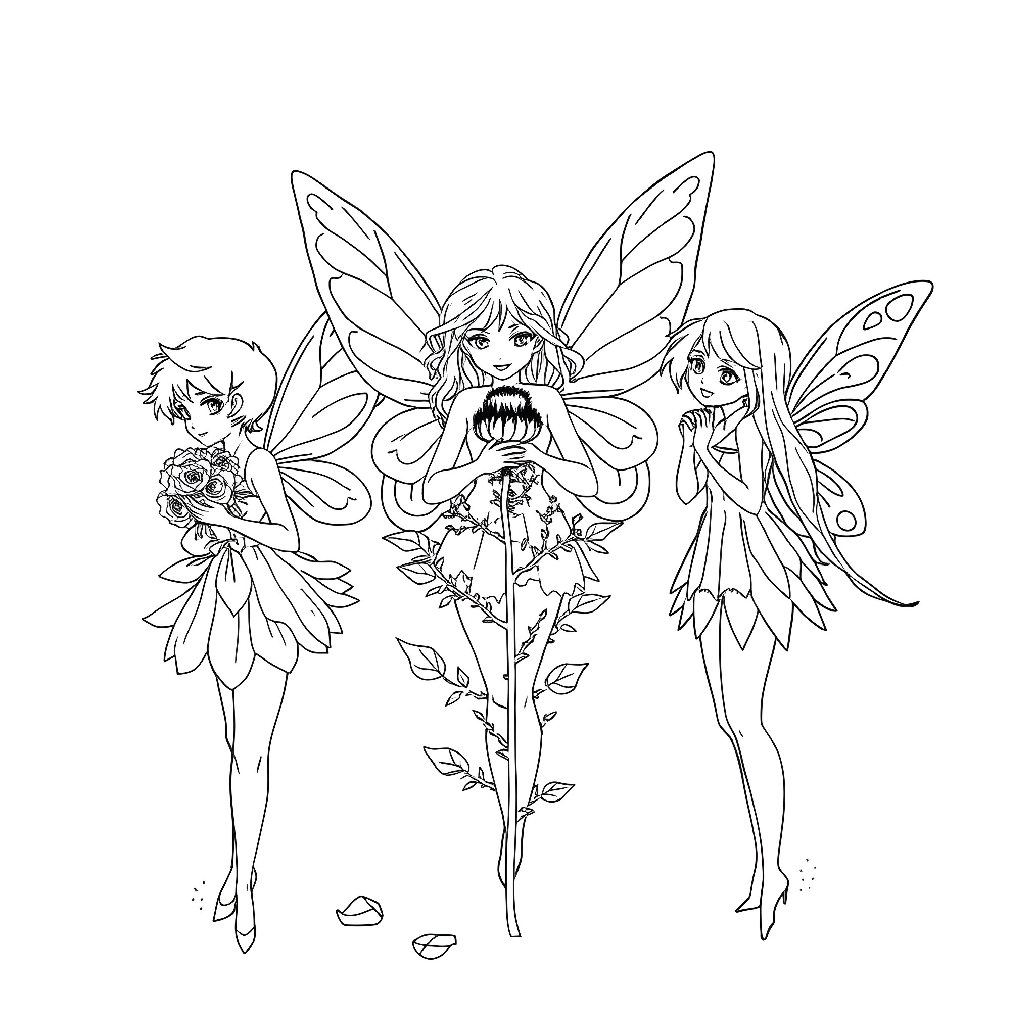 Fairy Trio Expressing Various Emotions Coloring Page (free black-and-white line drawing printable PDF for all, from beginners to advanced learners, including children, teens, adults, and seniors)