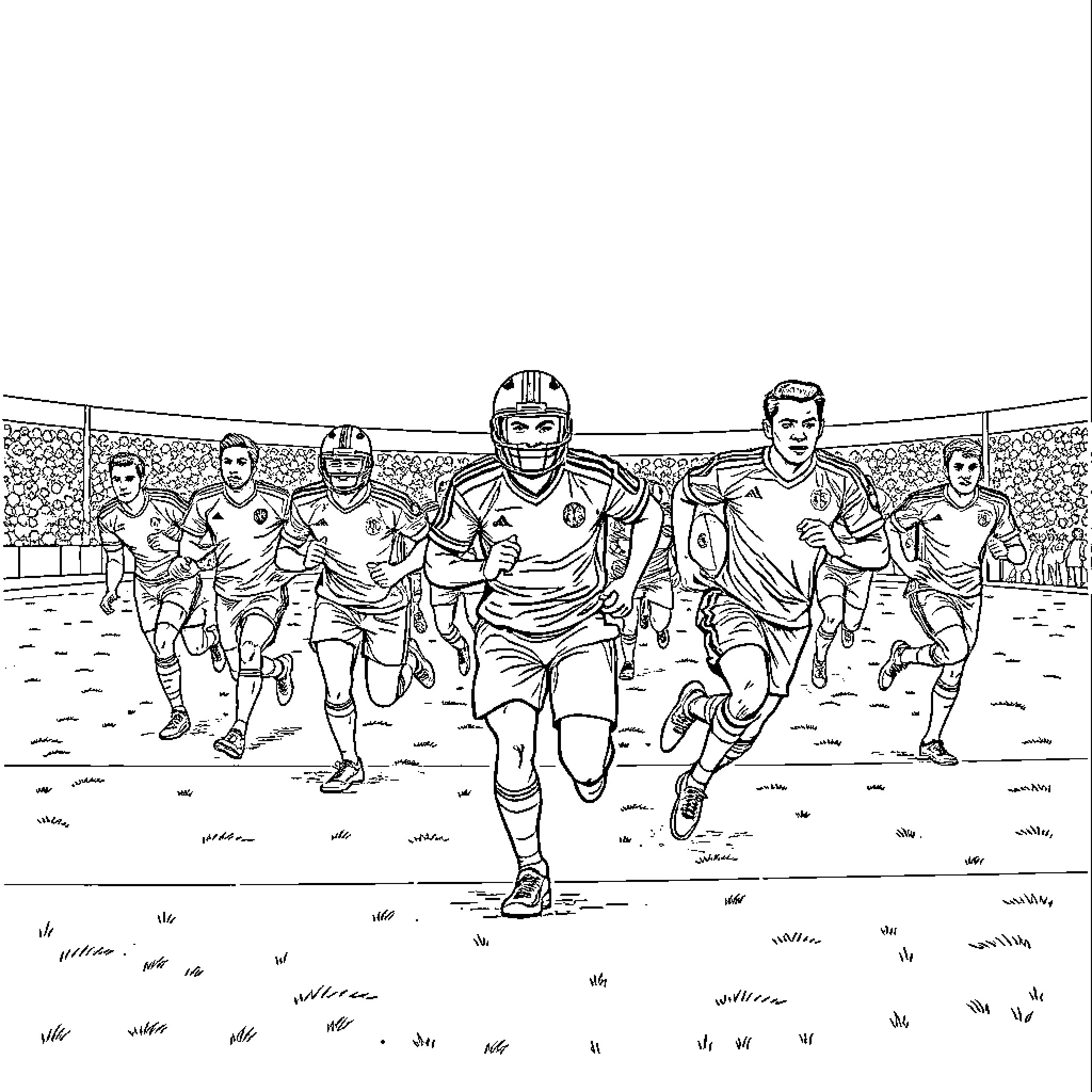 Footballers competing intensely on the field Coloring Page (free black-and-white line drawing printable PDF for all, from beginners to advanced learners, including children, teens, adults, and seniors)