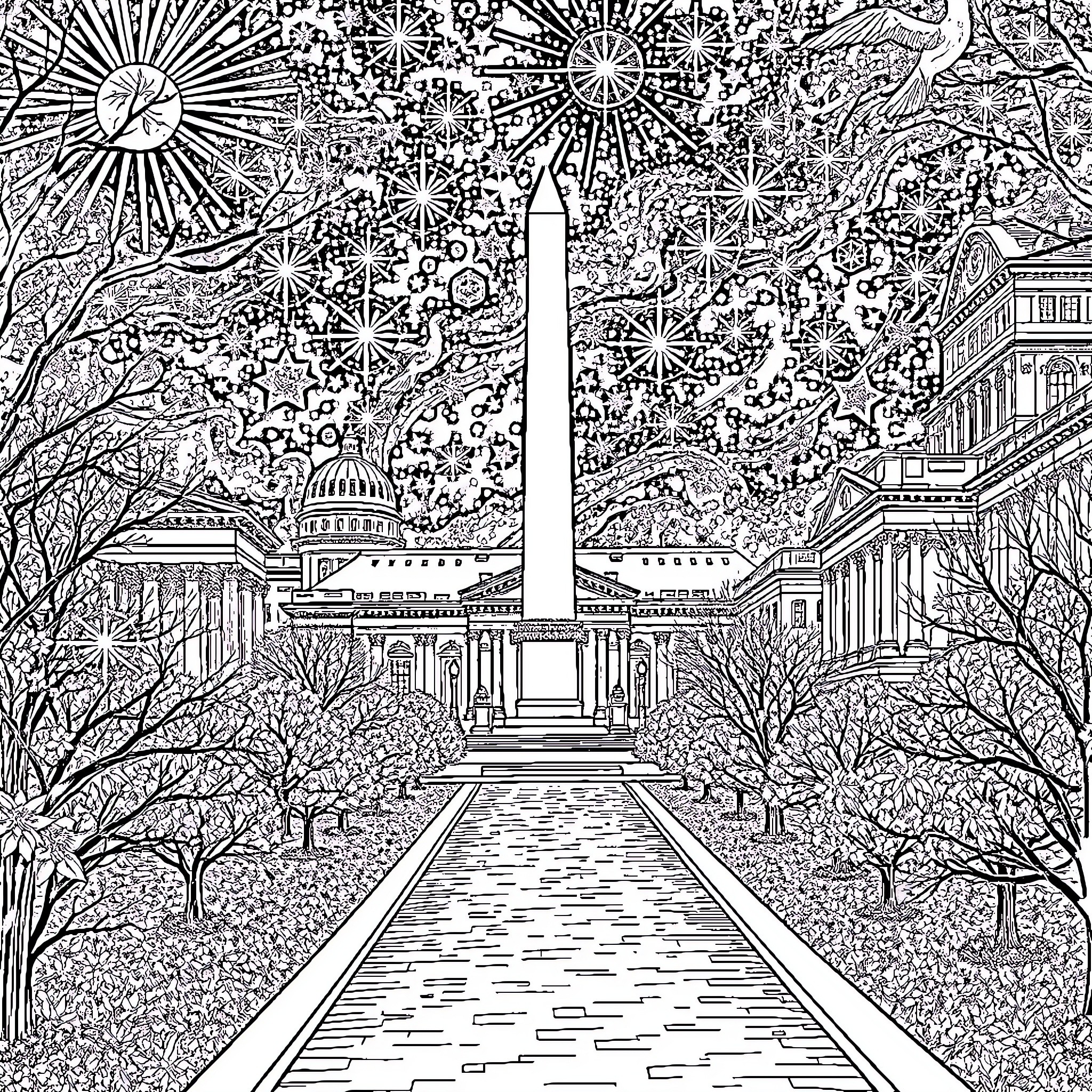 Washington's Starry Spectacle: A Nighttime View Coloring Page (free black-and-white line drawing printable PDF for all, from beginners to advanced learners, including children, teens, adults, and seniors)
