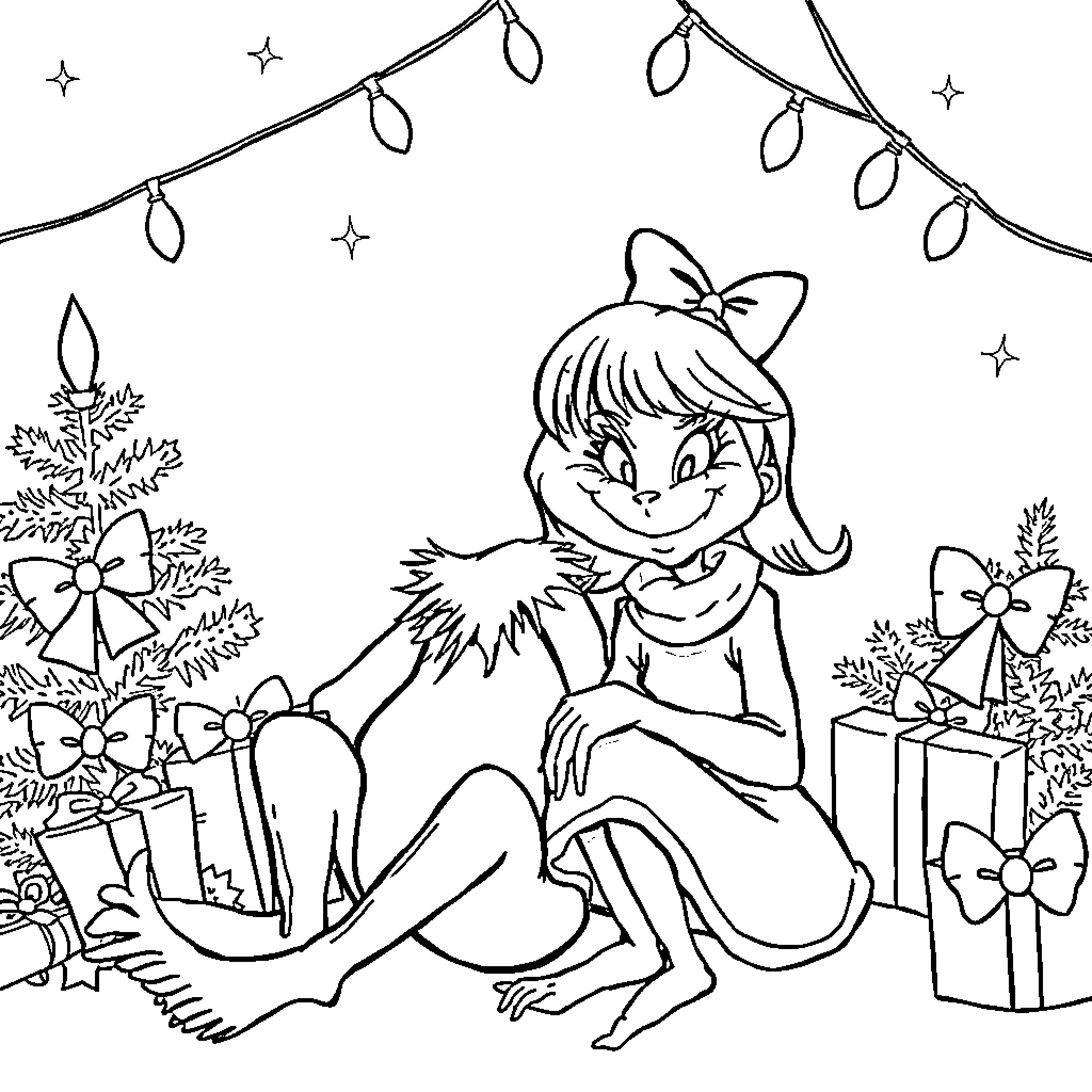 Grinch enjoying Christmas decorations and presents Coloring Page (free black-and-white line drawing printable PDF for all, from beginners to advanced learners, including children, teens, adults, and seniors)