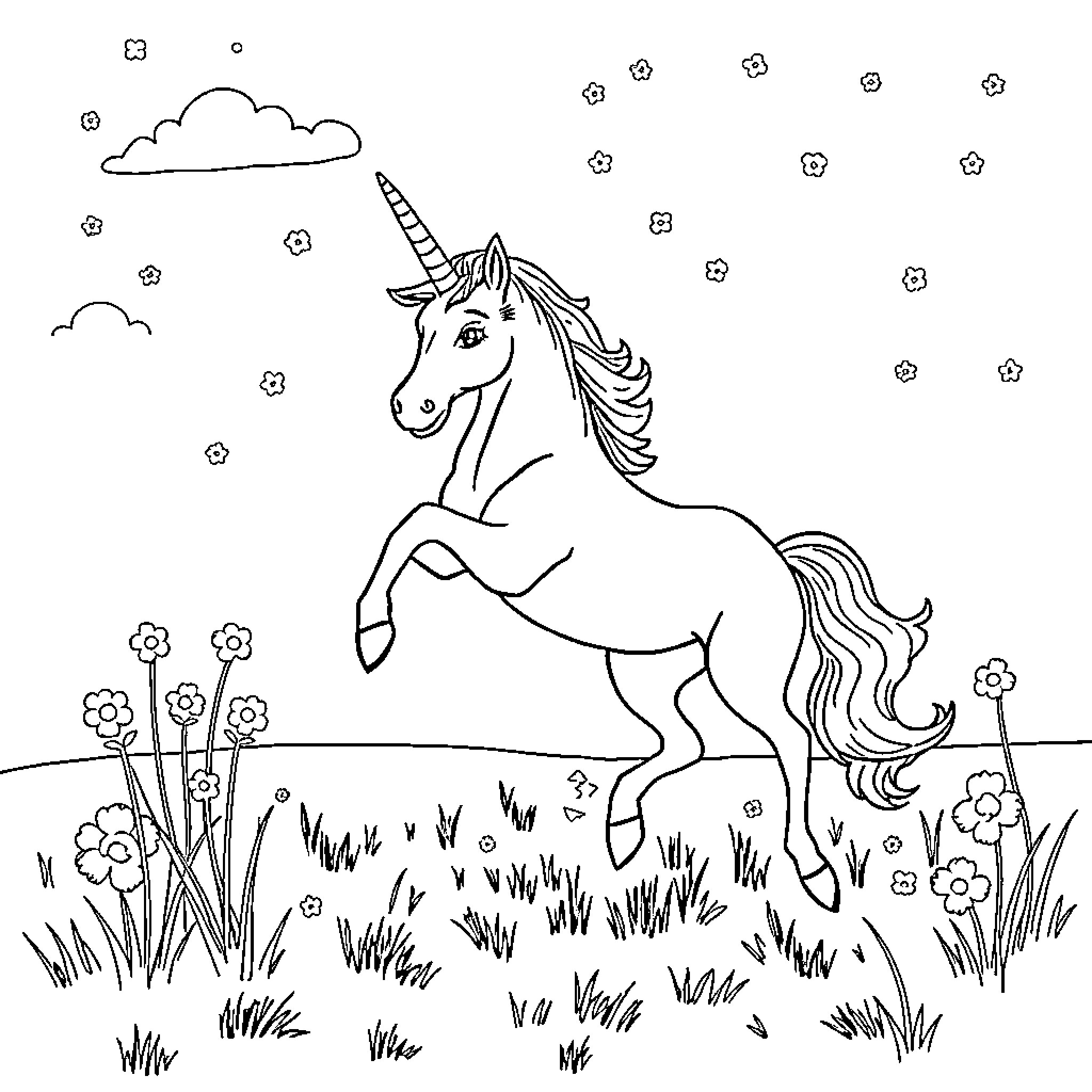 Unicorn prancing through a magical meadow Coloring Page (free black-and-white line drawing printable PDF for all, from beginners to advanced learners, including children, teens, adults, and seniors)