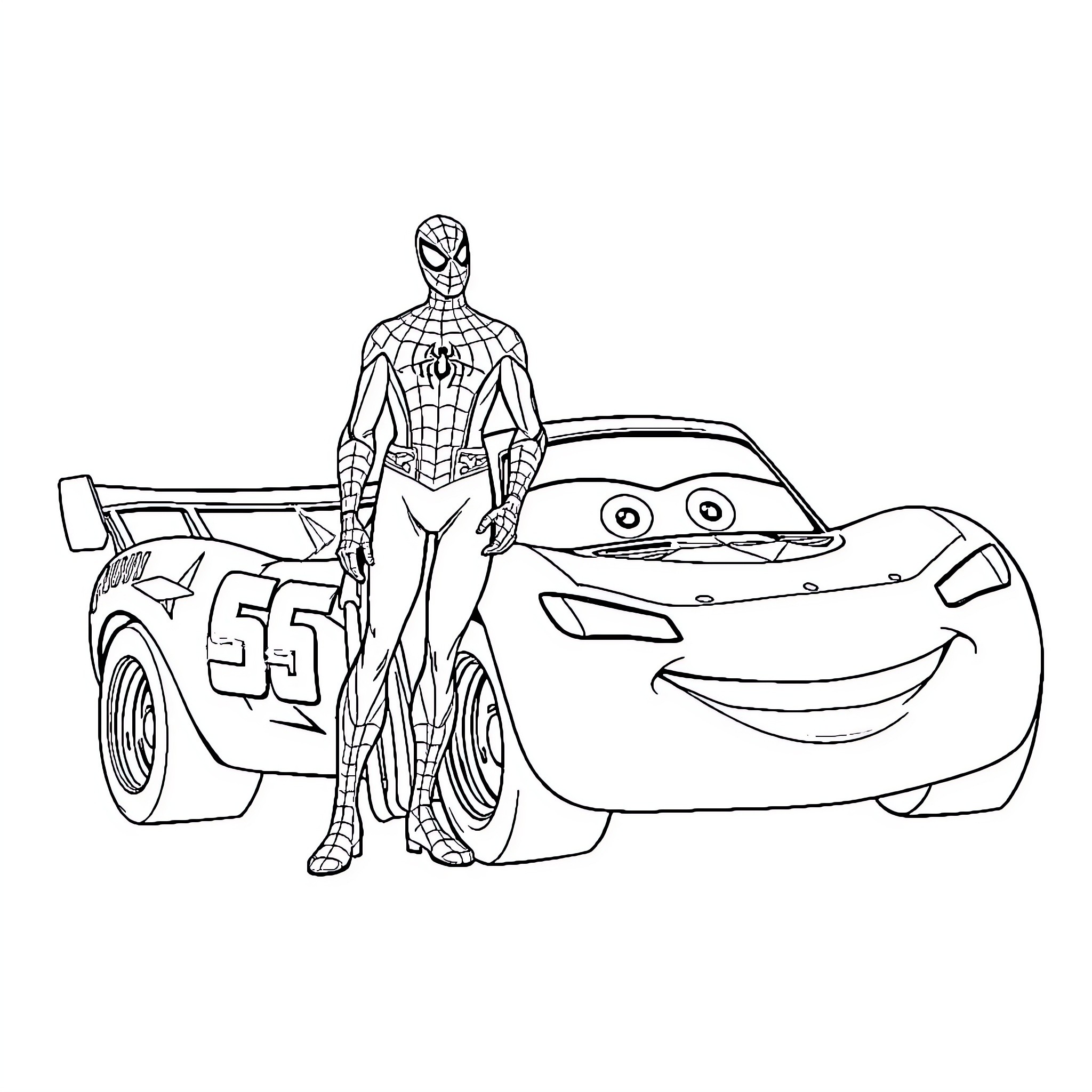 Spiderman and Lightning McQueen race together Coloring Page (free black-and-white line drawing printable PDF for all, from beginners to advanced learners, including children, teens, adults, and seniors)