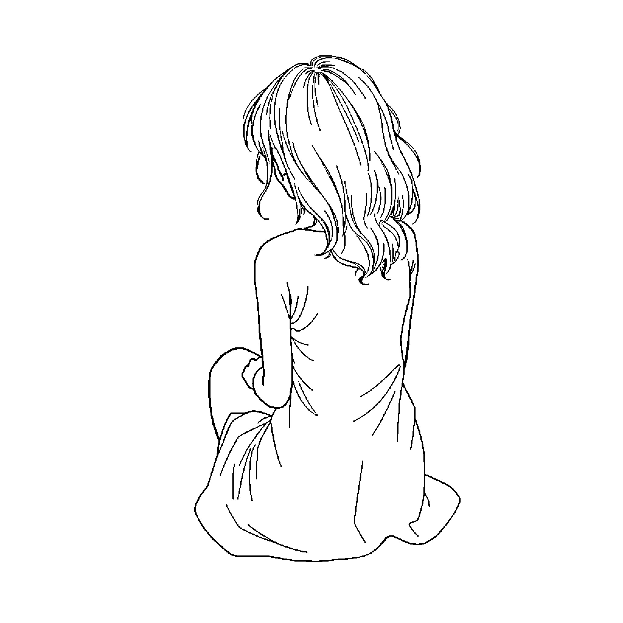 Girl with flowing hair in pensive pose Coloring Page (free black-and-white line drawing printable PDF for all, from beginners to advanced learners, including children, teens, adults, and seniors)