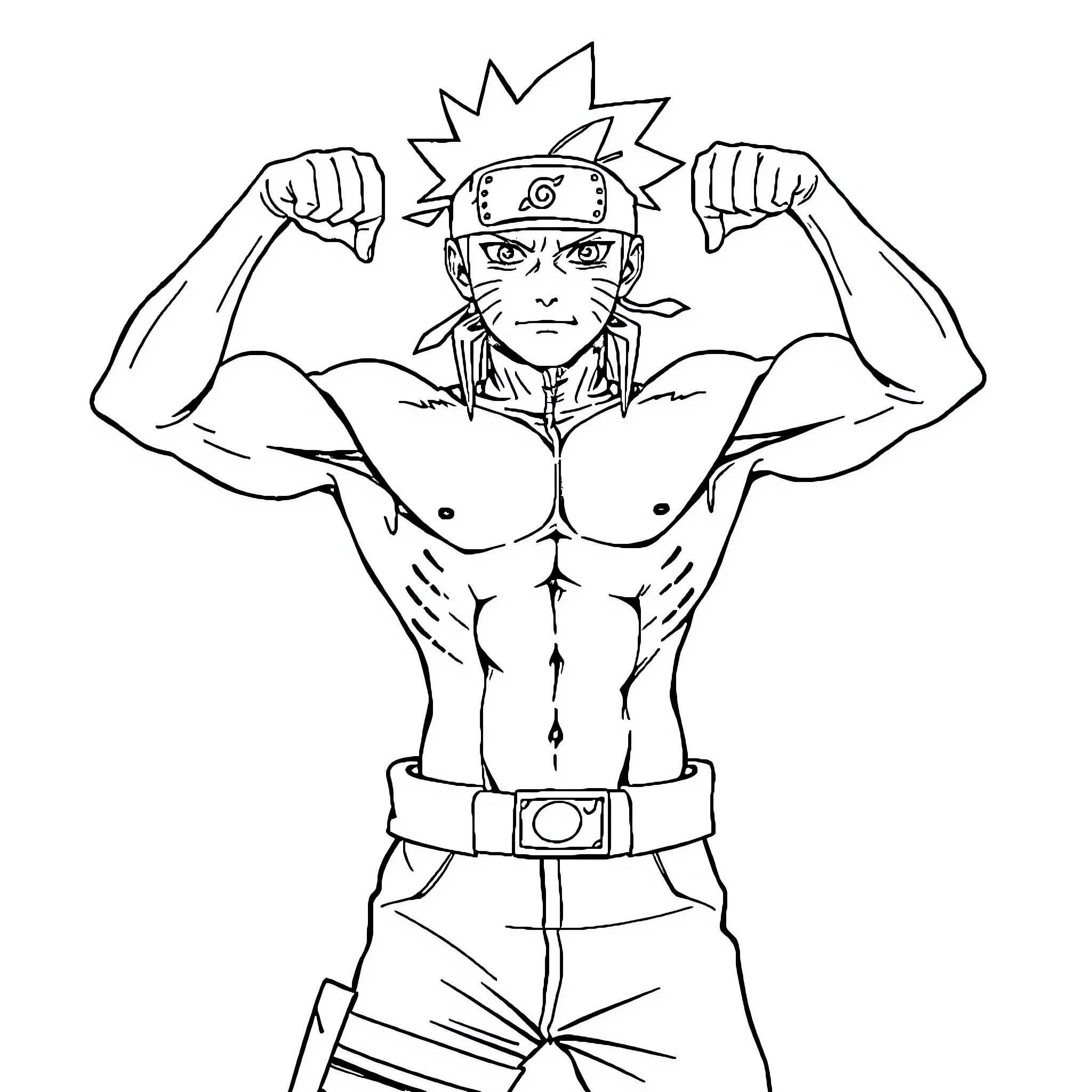 Naruto showcasing his muscular physique and determined expression Coloring Page (free black-and-white line drawing printable PDF for all, from beginners to advanced learners, including children, teens, adults, and seniors)