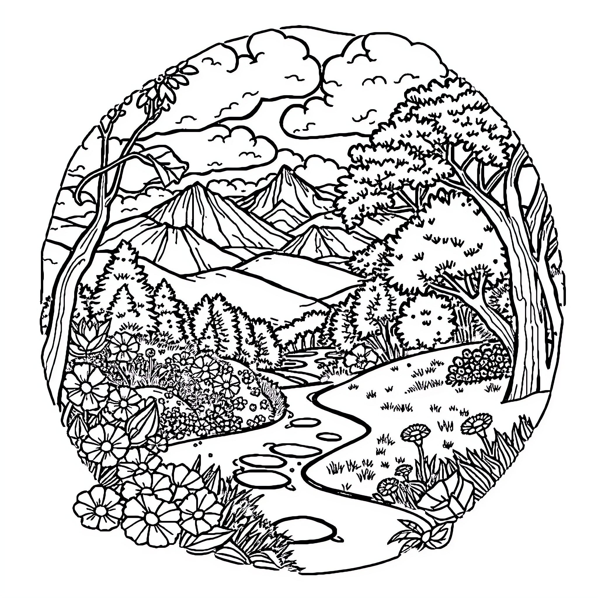 Image of a Scenic Mountain Landscape with a Winding River Coloring Page (free black-and-white line drawing printable PDF for all, from beginners to advanced learners, including children, teens, adults, and seniors)