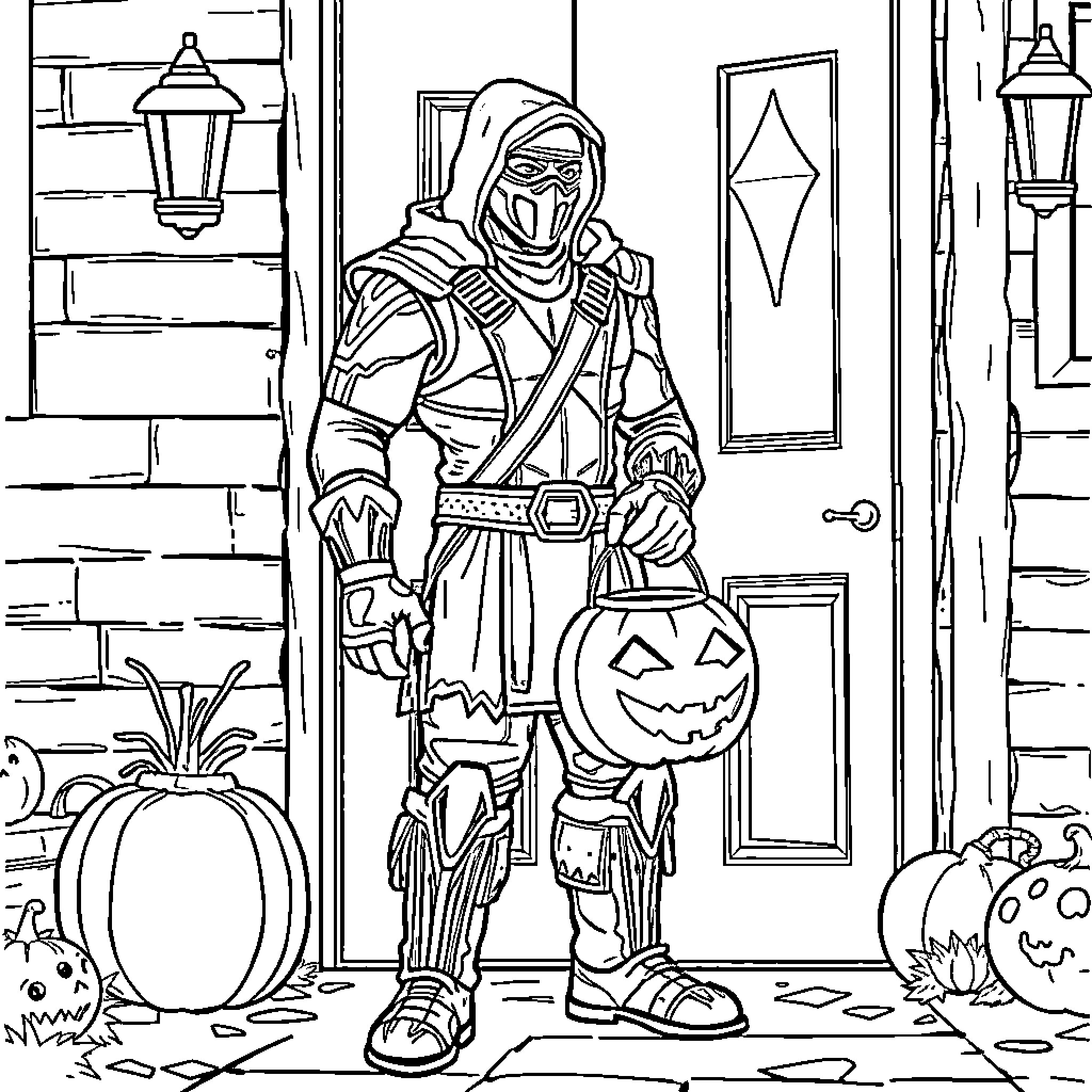 Sub Zero Warrior Trick-or-Treating on Halloween Coloring Page (free black-and-white line drawing printable PDF for all, from beginners to advanced learners, including children, teens, adults, and seniors)
