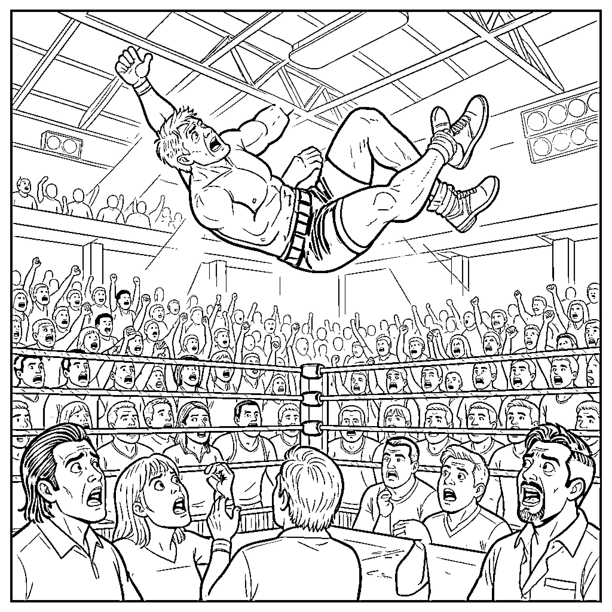 Owen Hart's daring aerial performance in the wrestling ring Coloring Page (free black-and-white line drawing printable PDF for all, from beginners to advanced learners, including children, teens, adults, and seniors)