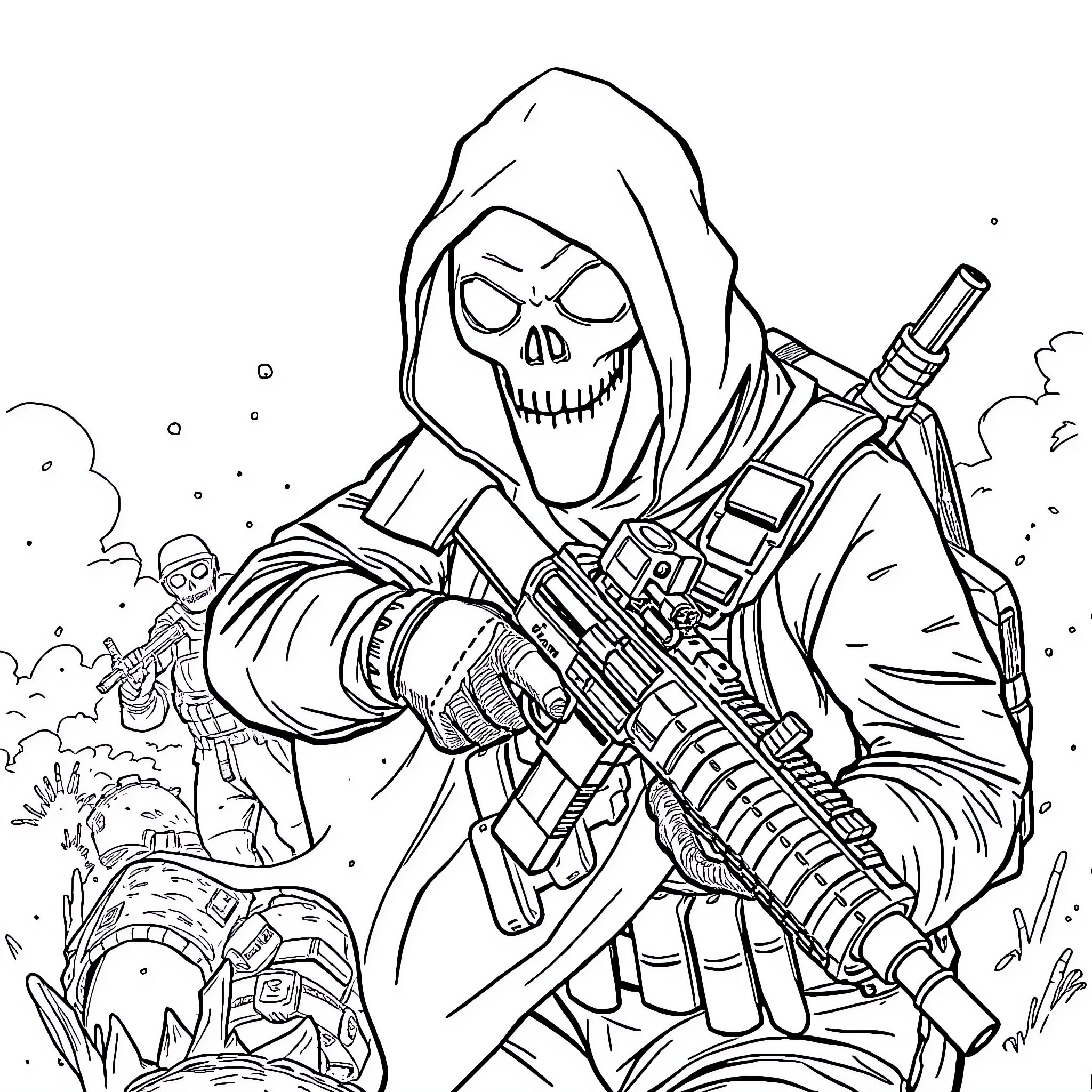 Ghost of Doom Wields Fearsome Firearm Coloring Page (free black-and-white line drawing printable PDF for all, from beginners to advanced learners, including children, teens, adults, and seniors)