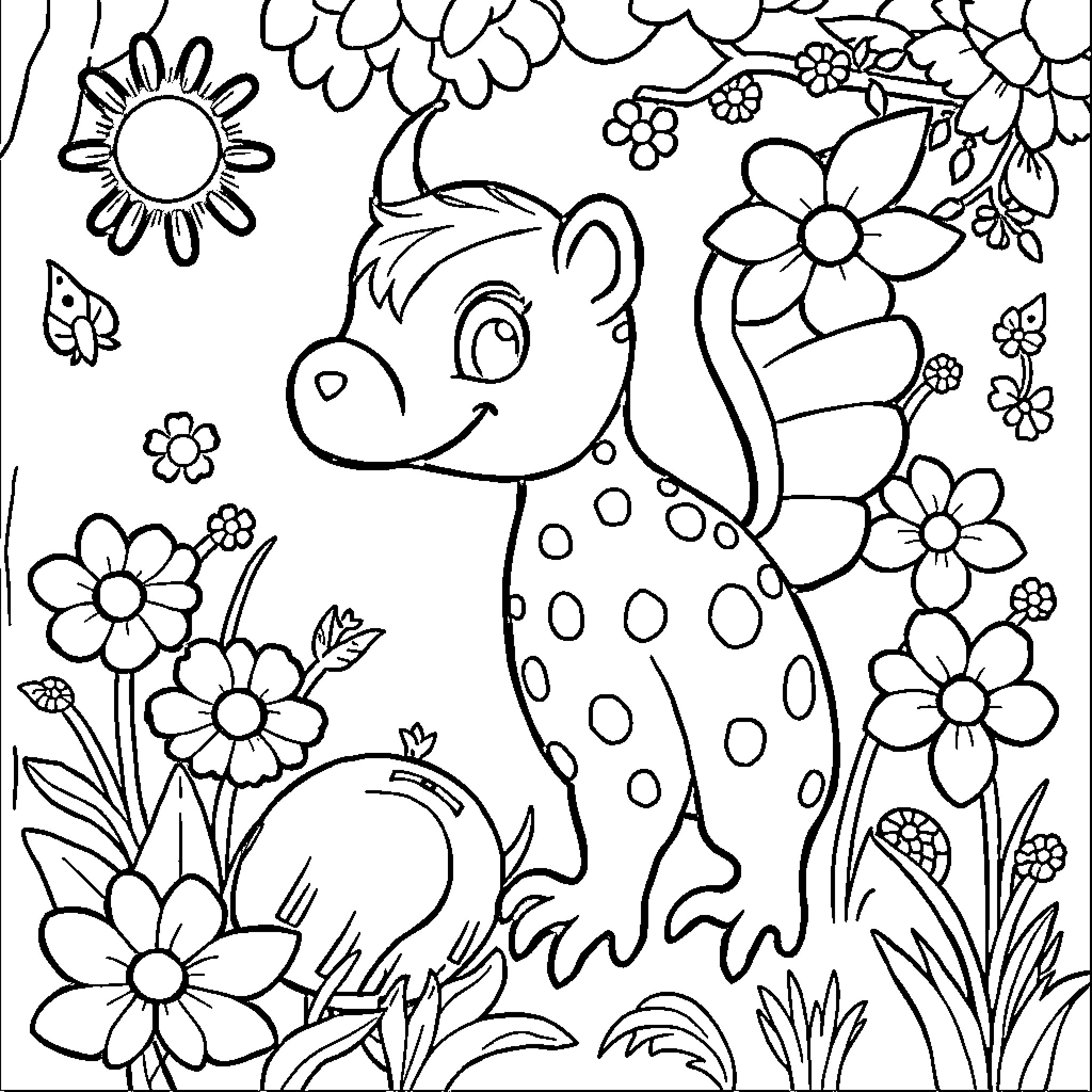 Drawing of a spotted animal in a flower garden Coloring Page (free black-and-white line drawing printable PDF for all, from beginners to advanced learners, including children, teens, adults, and seniors)