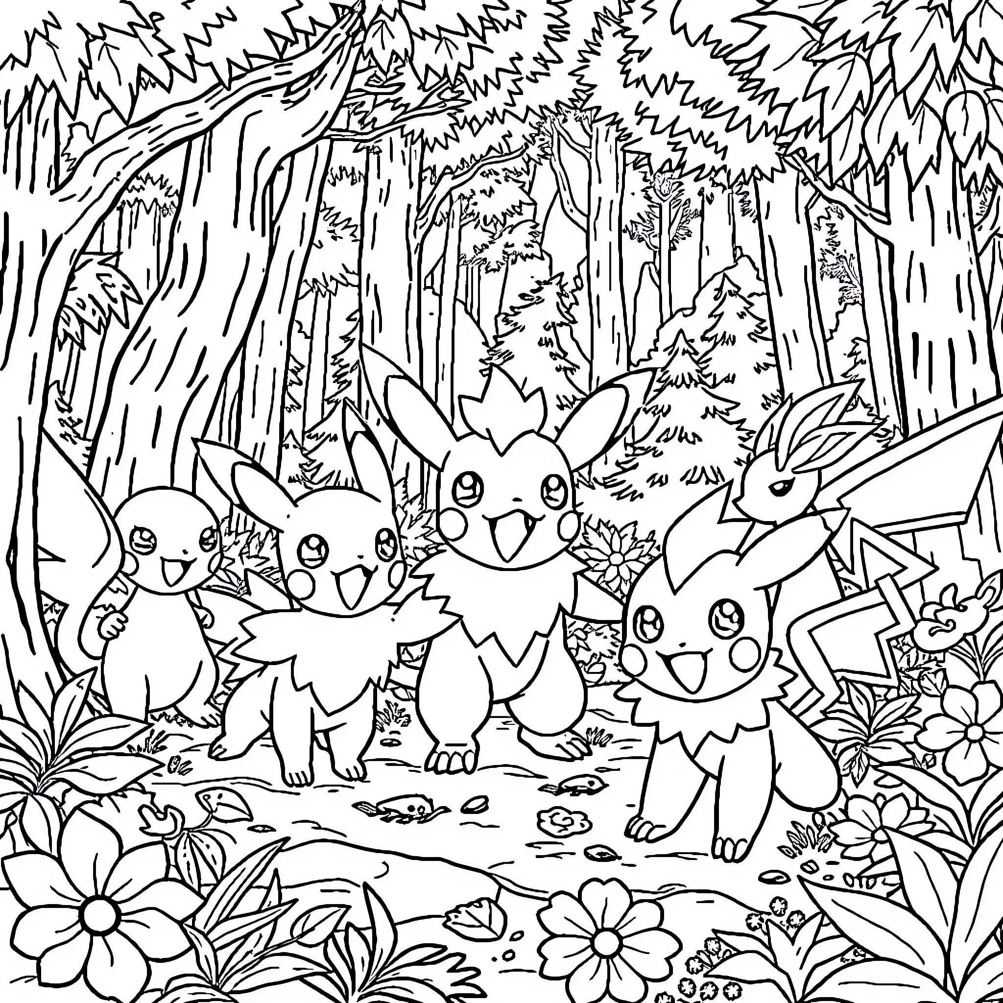 Pokémon adventuring in the enchanted forest Coloring Page (free black-and-white line drawing printable PDF for all, from beginners to advanced learners, including children, teens, adults, and seniors)