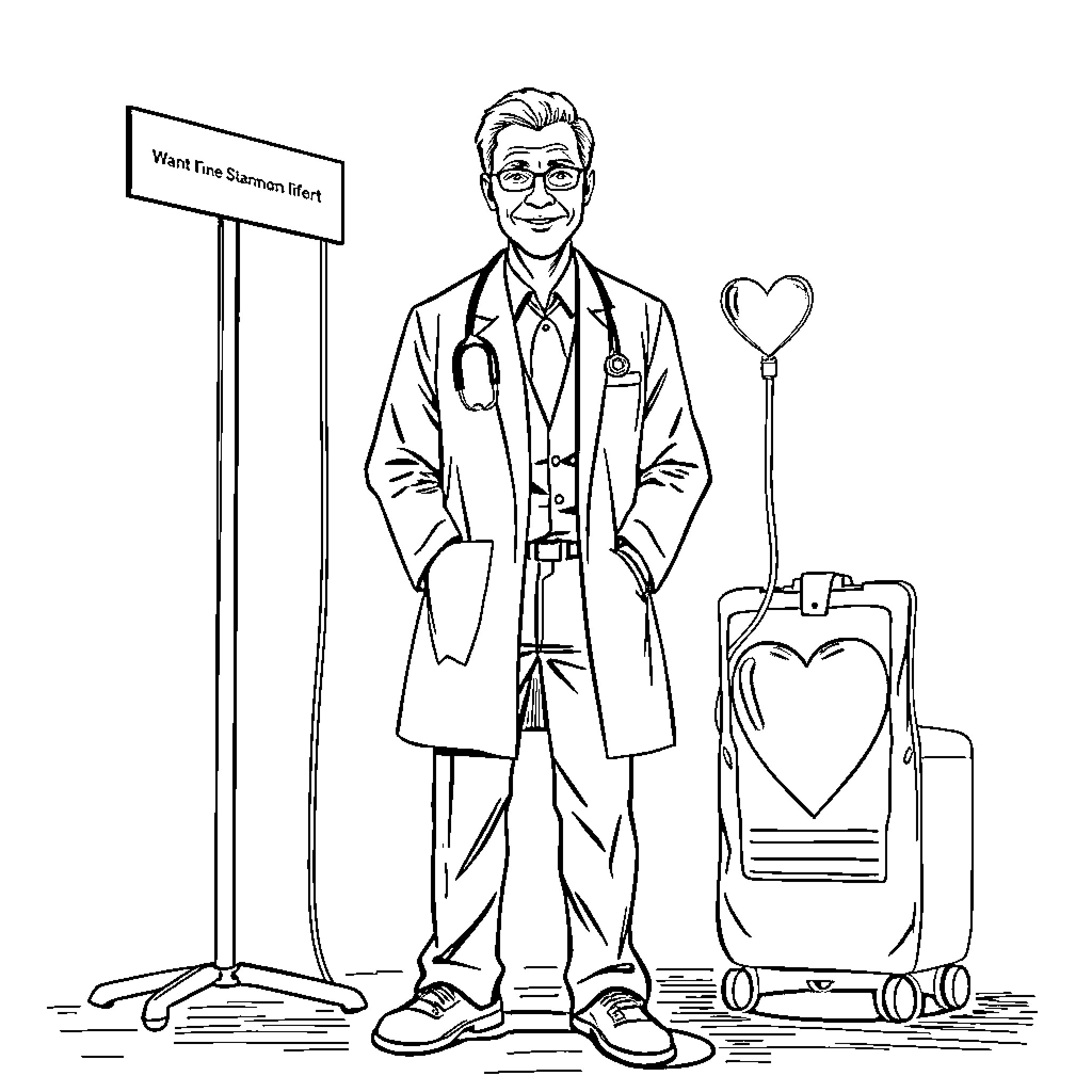 Dr. Drew's Caring Presence in the Medical Facility Coloring Page (free black-and-white line drawing printable PDF for all, from beginners to advanced learners, including children, teens, adults, and seniors)