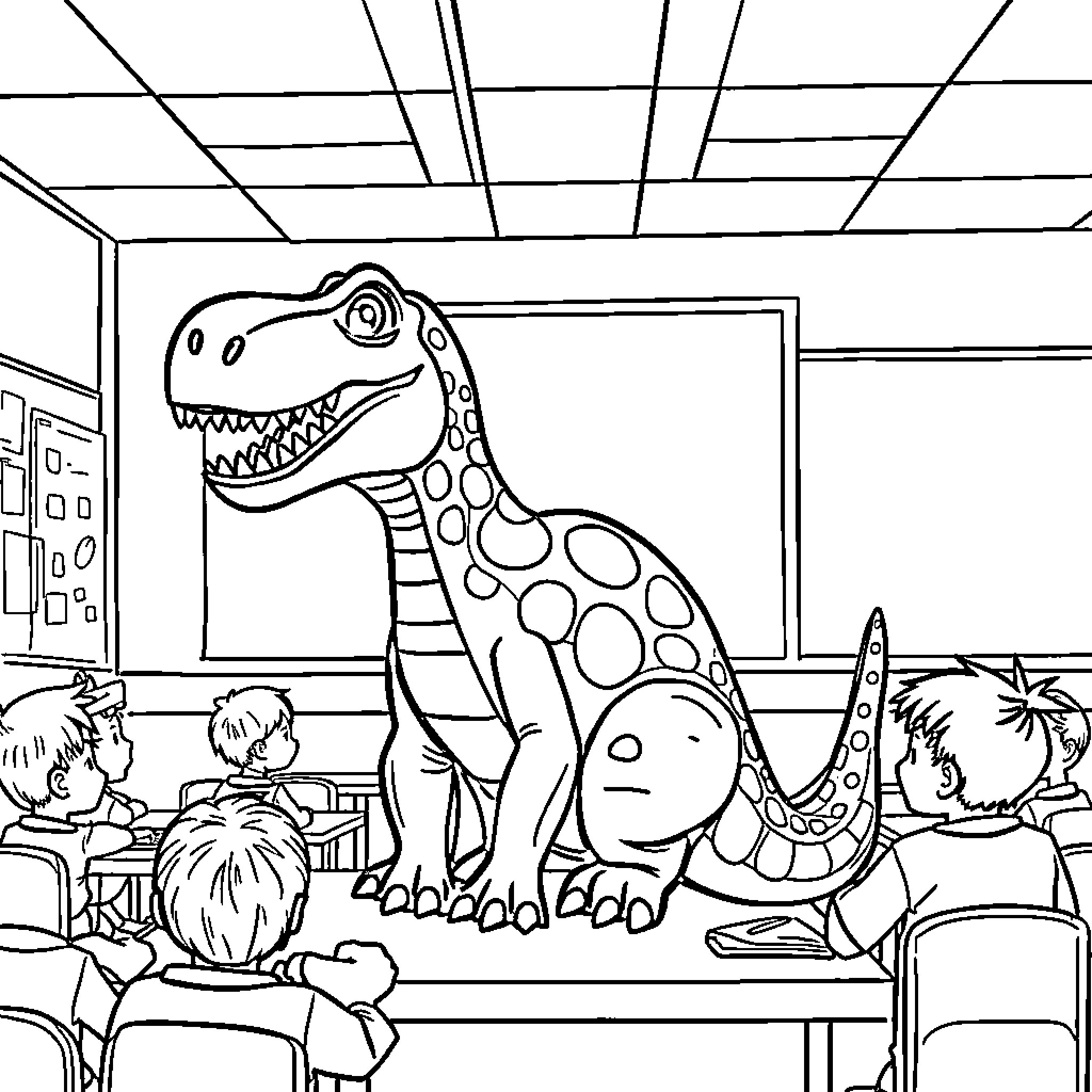 Dinosaur Presentation in the Classroom Coloring Page (free black-and-white line drawing printable PDF for all, from beginners to advanced learners, including children, teens, adults, and seniors)