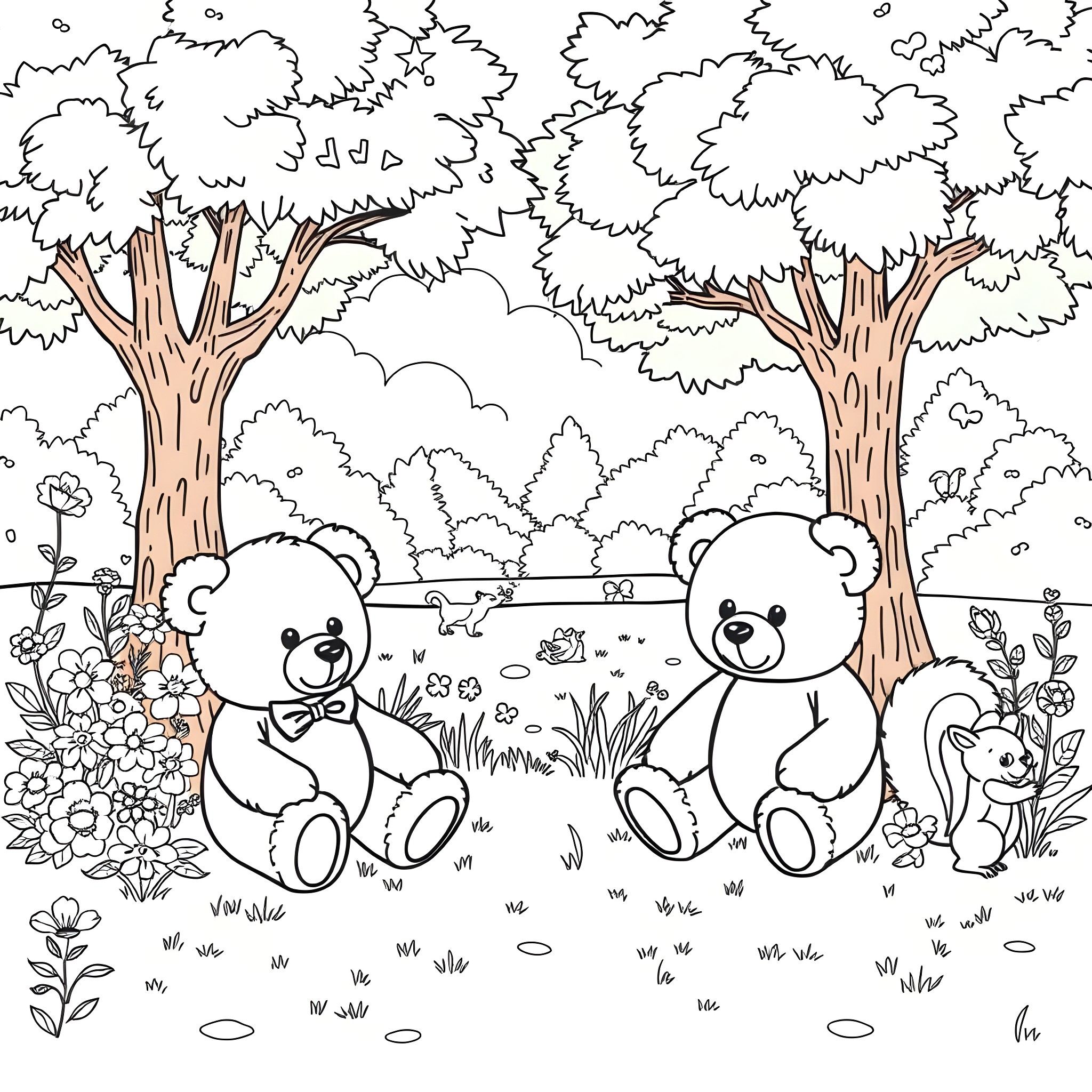 Teddy Bears Relaxing in Woodland Scene Coloring Page (free black-and-white line drawing printable PDF for all, from beginners to advanced learners, including children, teens, adults, and seniors)