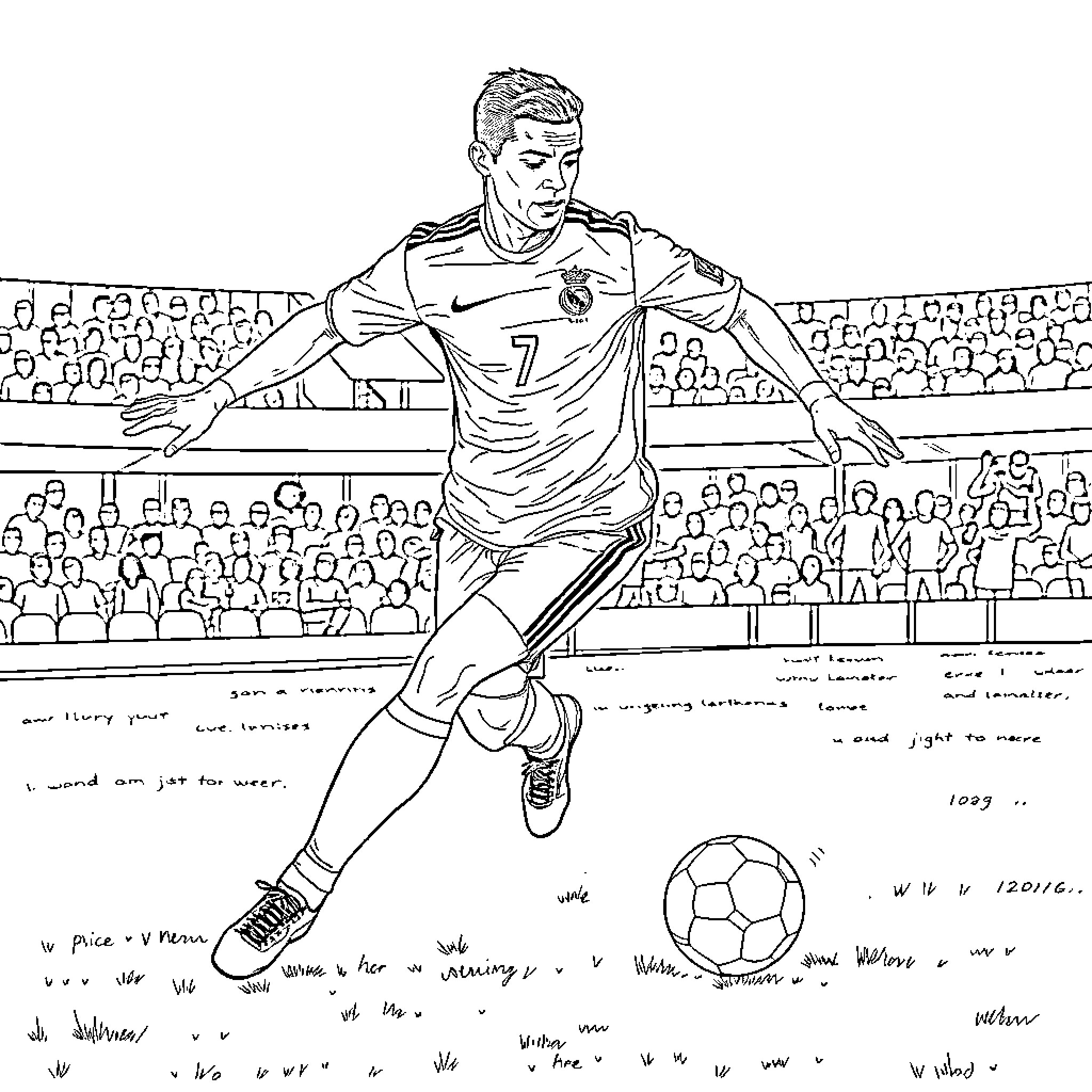 Cristiano Ronaldo in action on the soccer field Coloring Page (free black-and-white line drawing printable PDF for all, from beginners to advanced learners, including children, teens, adults, and seniors)