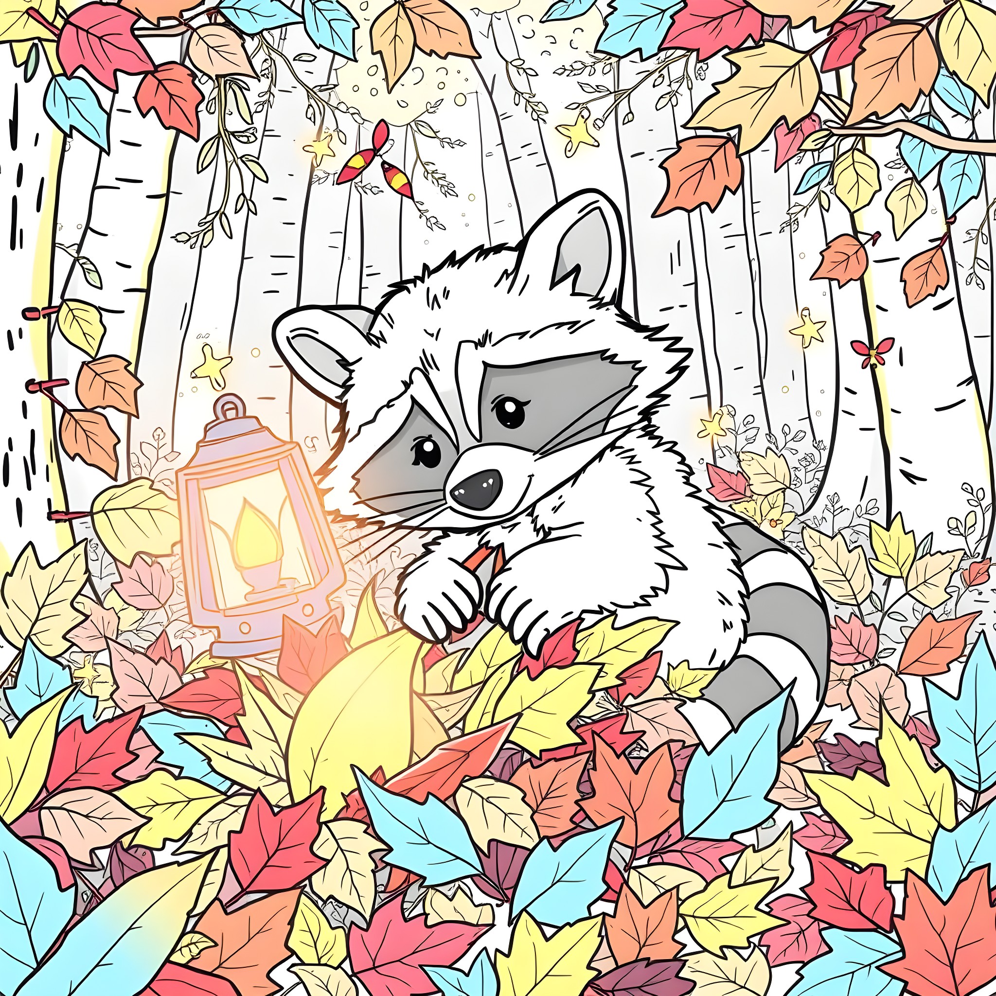 Meeko the Curious Raccoon in the Autumn Forest Coloring Page (free black-and-white line drawing printable PDF for all, from beginners to advanced learners, including children, teens, adults, and seniors)