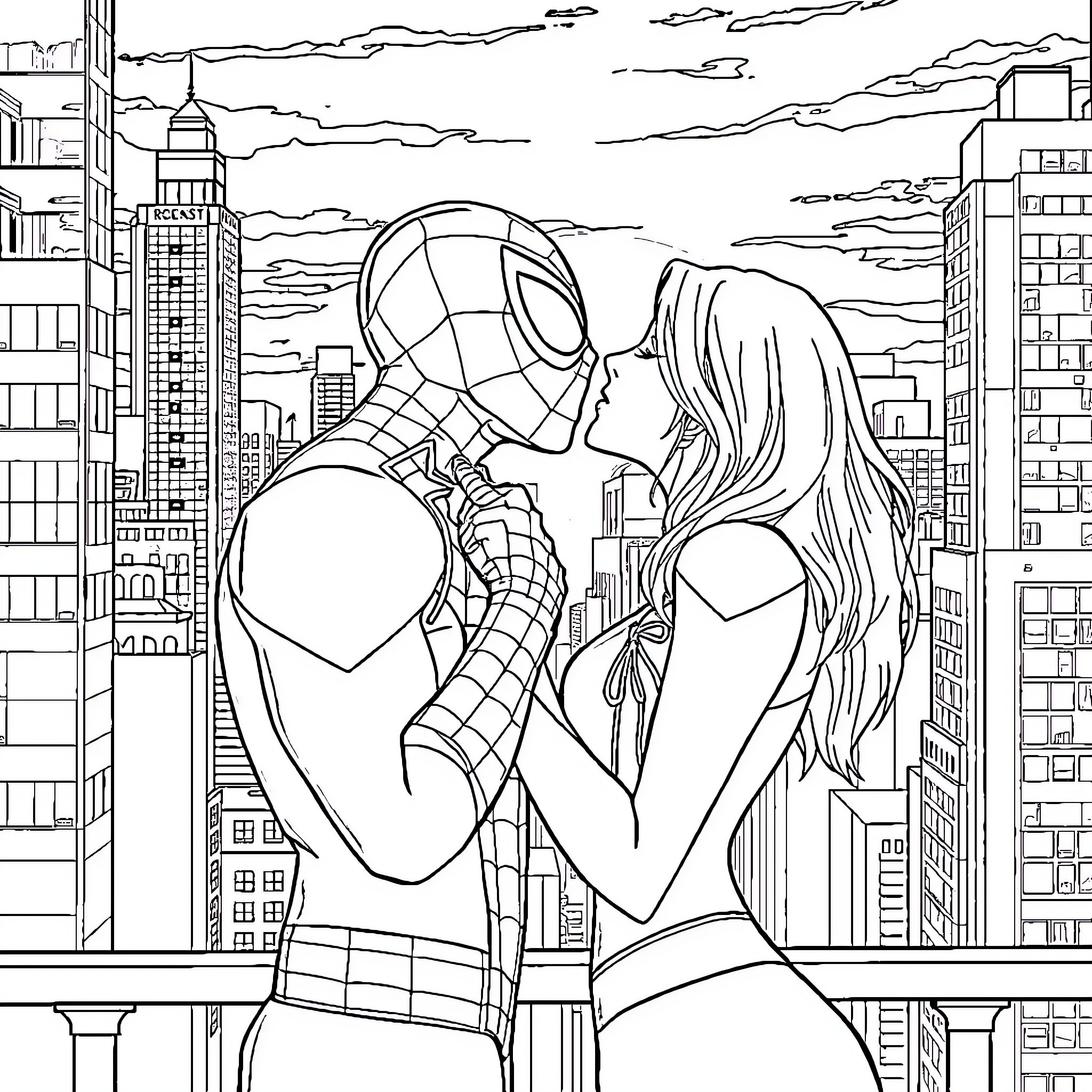 Spiderman embracing a woman in the city Coloring Page (free black-and-white line drawing printable PDF for all, from beginners to advanced learners, including children, teens, adults, and seniors)