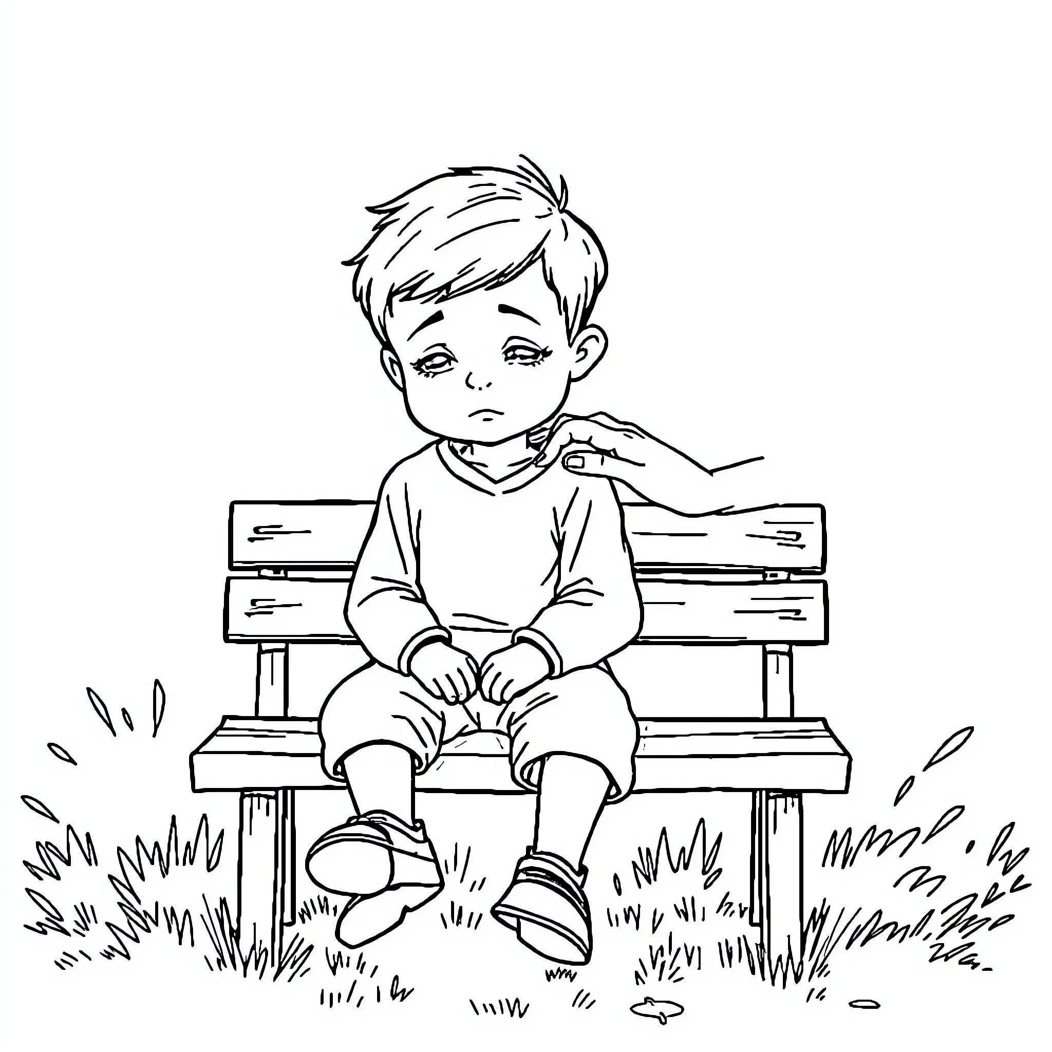 Boy sitting alone on a bench, looking sad Coloring Page (free black-and-white line drawing printable PDF for all, from beginners to advanced learners, including children, teens, adults, and seniors)