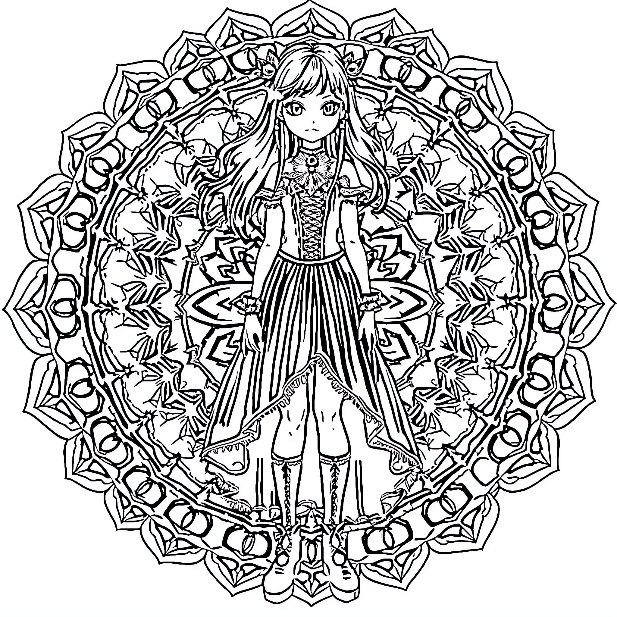 Girl in ornate dress within floral mandala frame Coloring Page (free black-and-white line drawing printable PDF for all, from beginners to advanced learners, including children, teens, adults, and seniors)