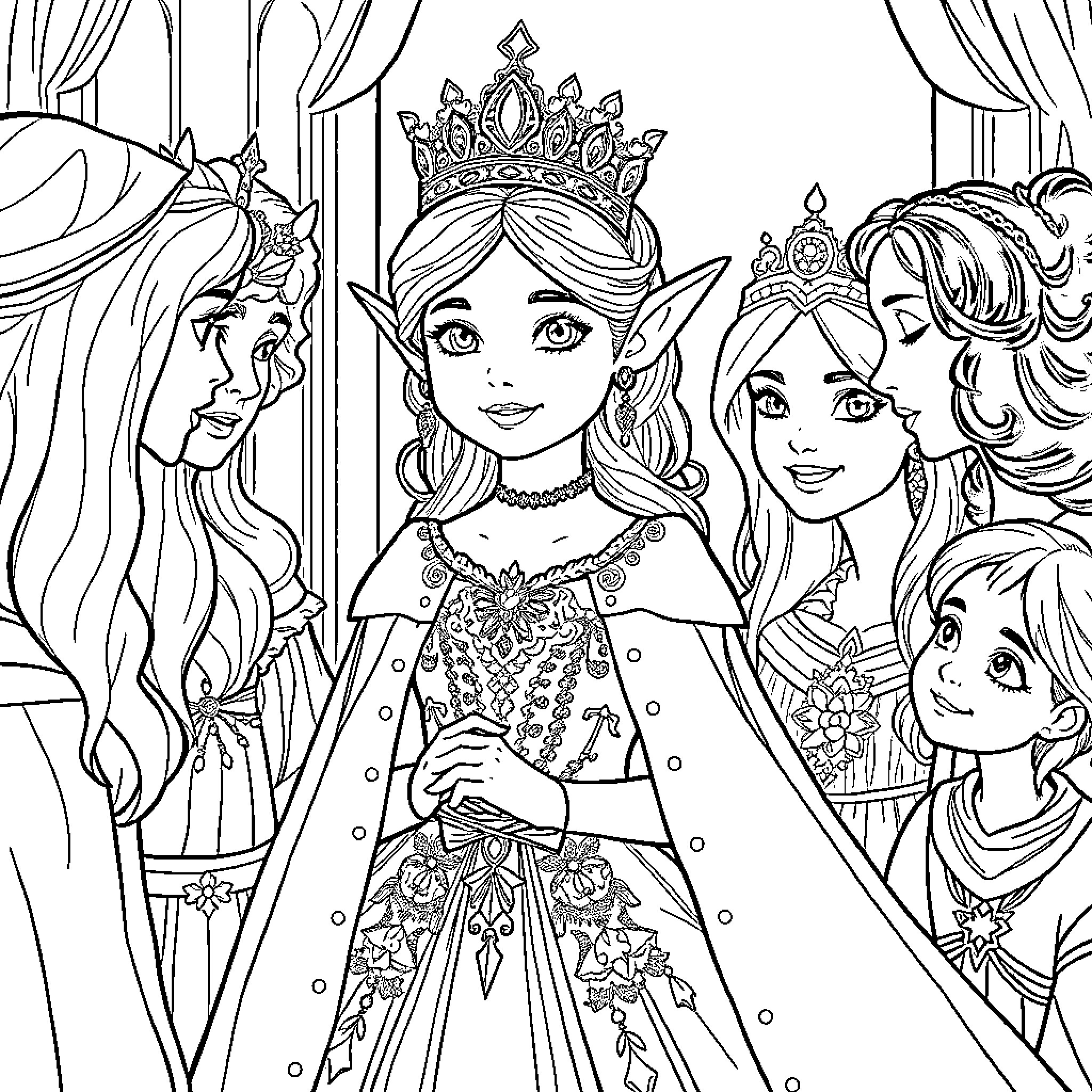 Elven Queen surrounded by elegant fantasy characters Coloring Page (free black-and-white line drawing printable PDF for all, from beginners to advanced learners, including children, teens, adults, and seniors)