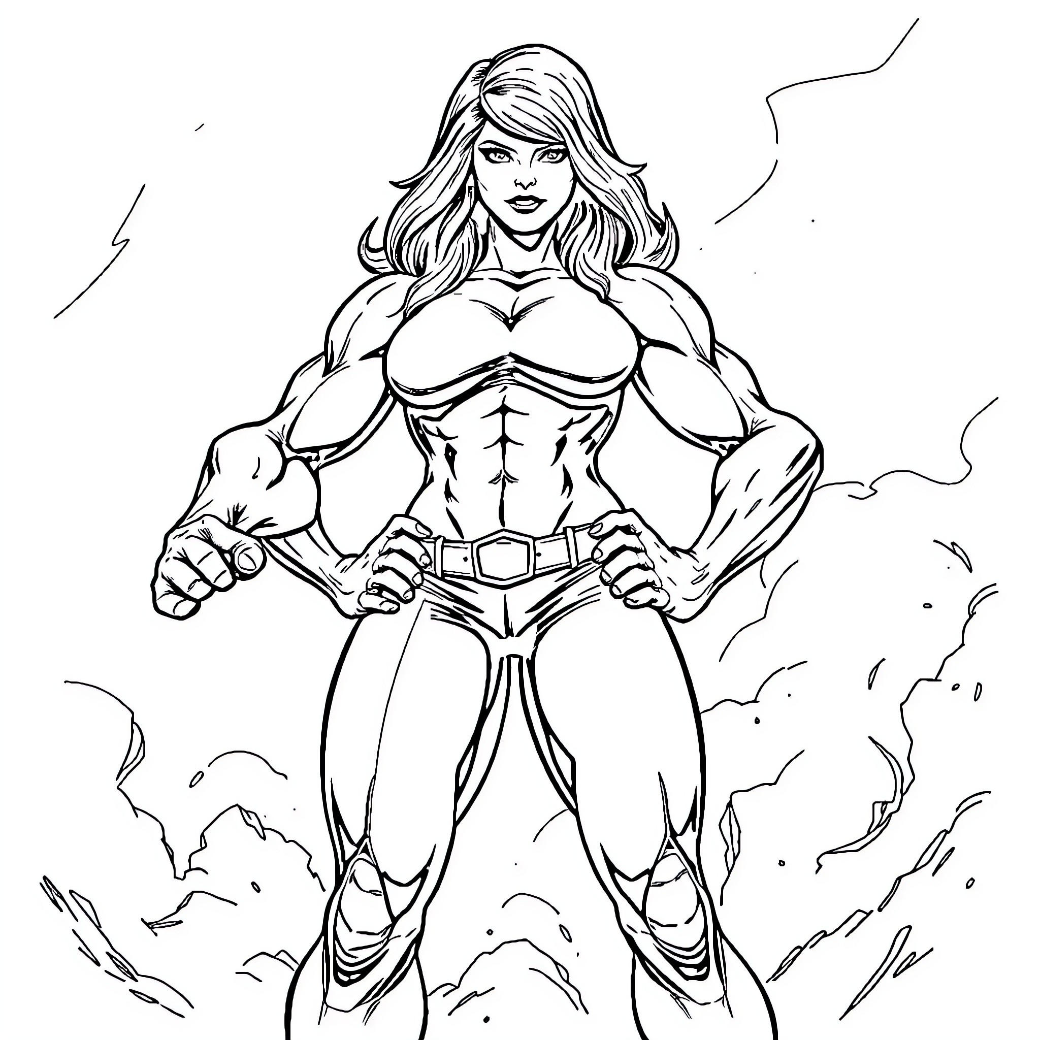 She-Hulk unleashing her power with intensity Coloring Page (free black-and-white line drawing printable PDF for all, from beginners to advanced learners, including children, teens, adults, and seniors)