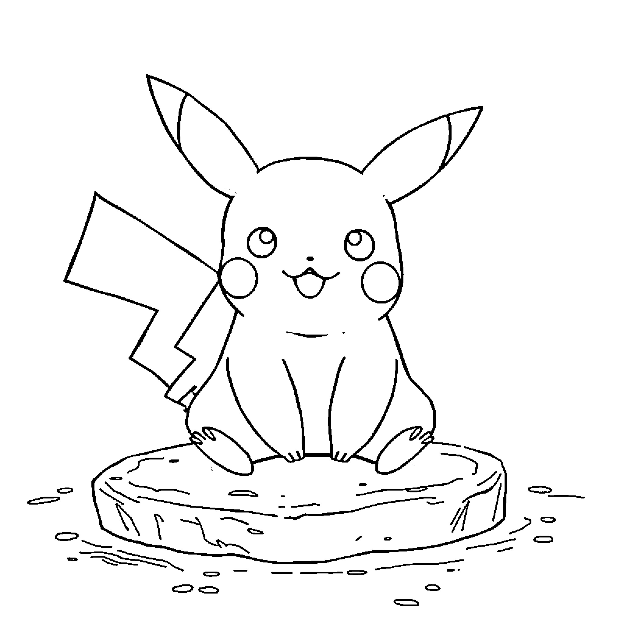 Pikachu sitting happily on a rock Coloring Page (free black-and-white line drawing printable PDF for all, from beginners to advanced learners, including children, teens, adults, and seniors)