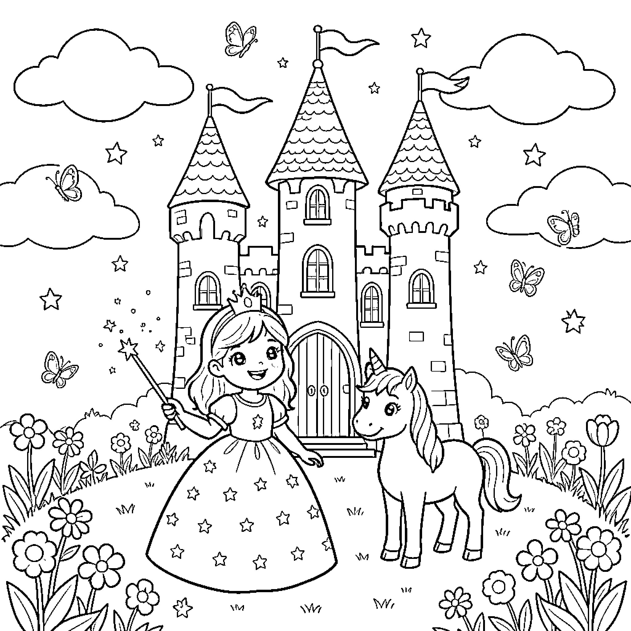 Princess standing with a unicorn near a magical castle Coloring Page (free black-and-white line drawing printable PDF for all, from beginners to advanced learners, including children, teens, adults, and seniors)