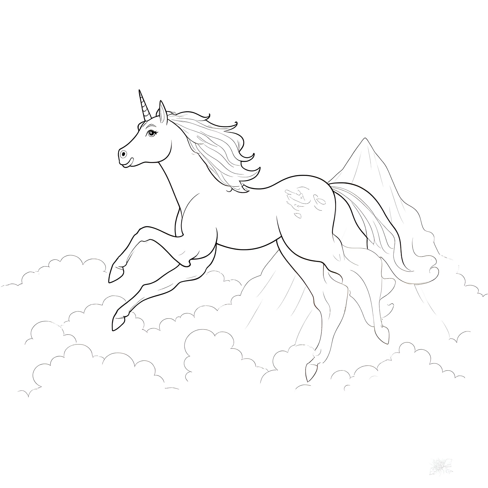 Unicorn galloping through the clouds Coloring Page (free black-and-white line drawing printable PDF for all, from beginners to advanced learners, including children, teens, adults, and seniors)
