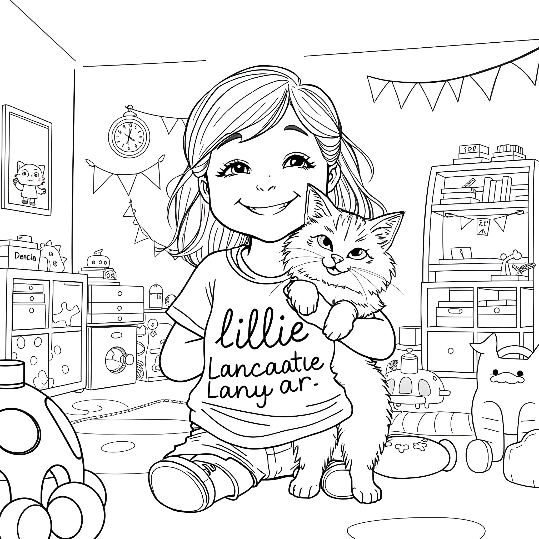 Cat and girl in a playful bedroom Coloring Page (free black-and-white line drawing printable PDF for all, from beginners to advanced learners, including children, teens, adults, and seniors)