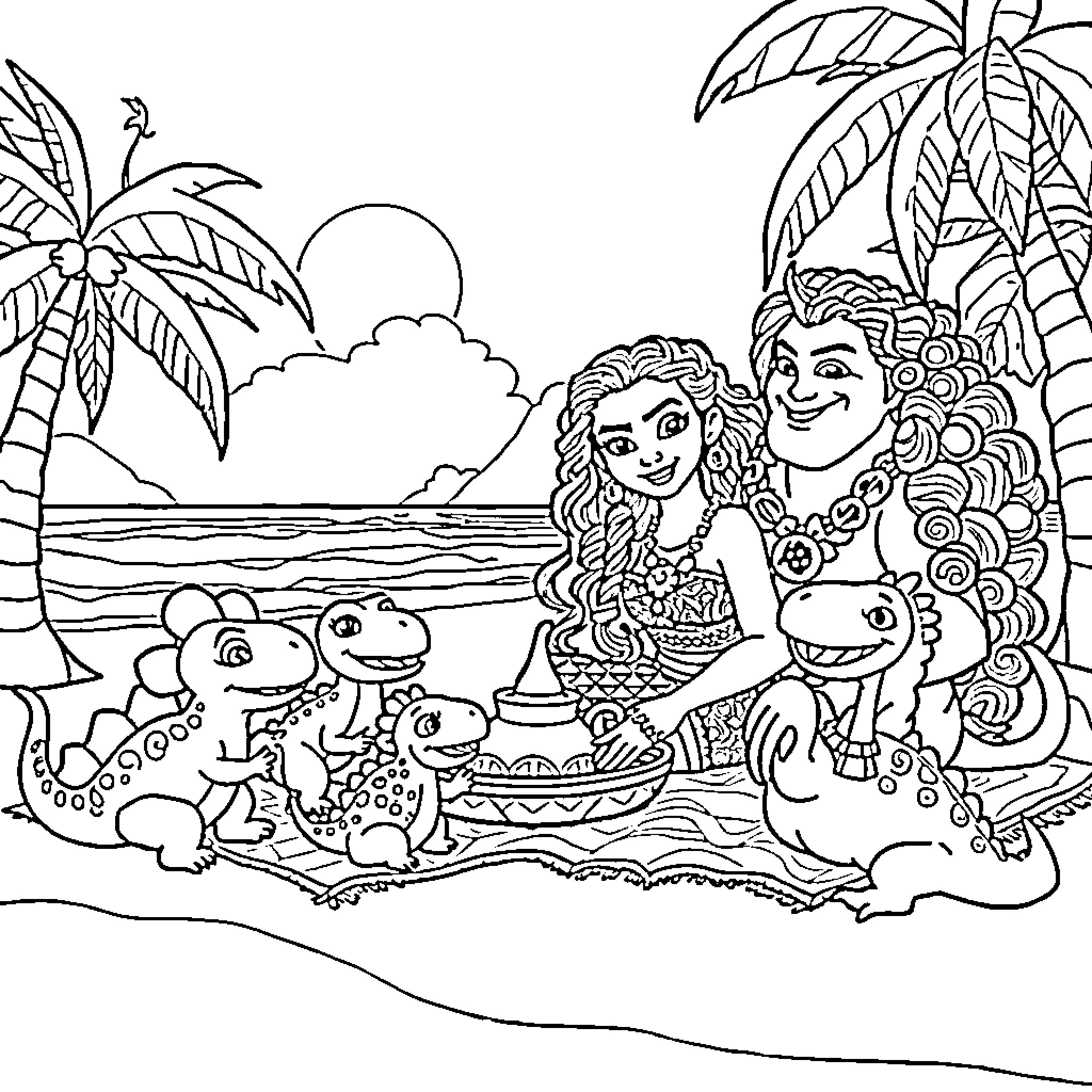 Moana enjoying a tropical beach scene with animal friends Coloring Page (free black-and-white line drawing printable PDF for all, from beginners to advanced learners, including children, teens, adults, and seniors)
