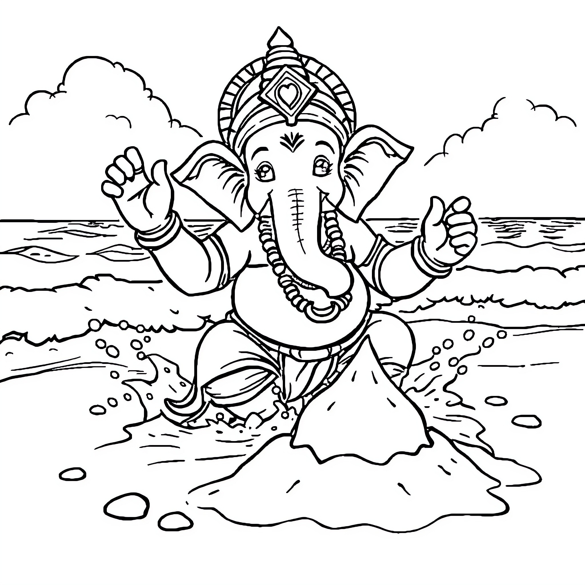 Ganesh blessing the ocean with his presence Coloring Page (free black-and-white line drawing printable PDF for all, from beginners to advanced learners, including children, teens, adults, and seniors)