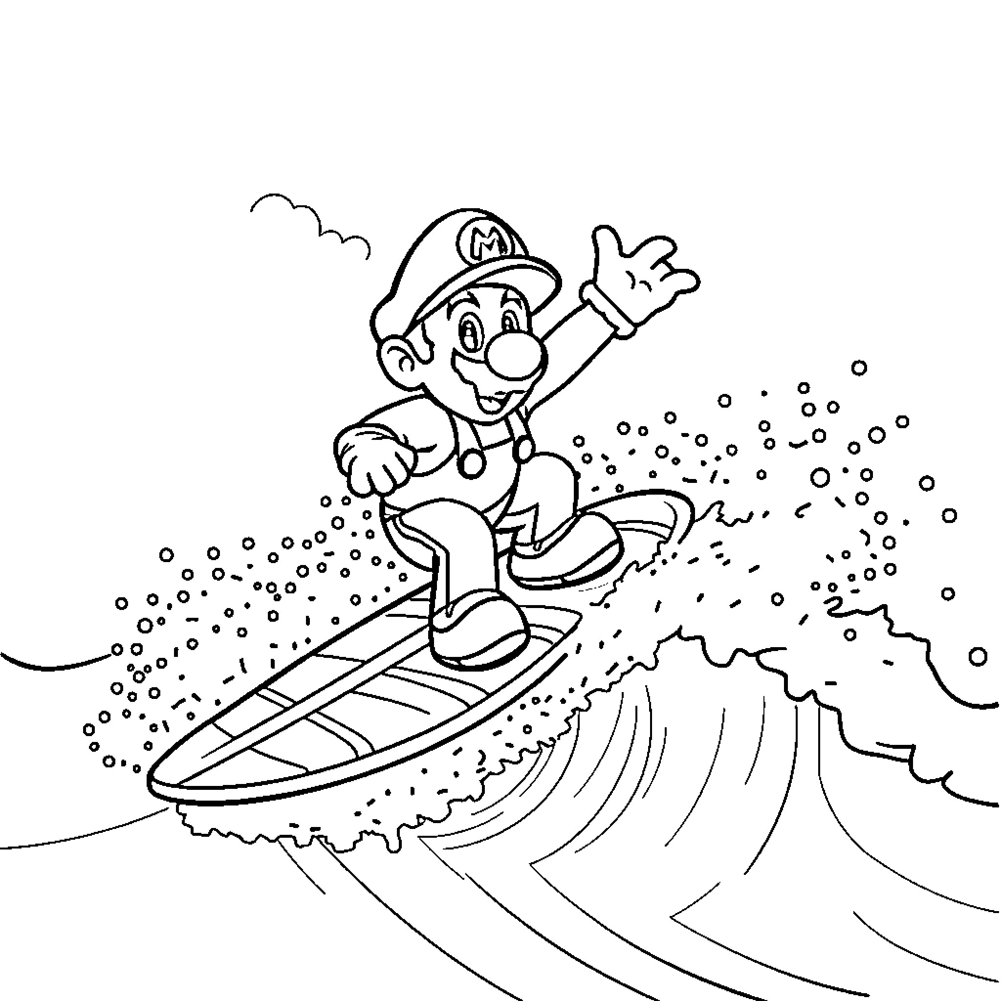 Mario surfing the waves with excitement Coloring Page (free black-and-white line drawing printable PDF for all, from beginners to advanced learners, including children, teens, adults, and seniors)