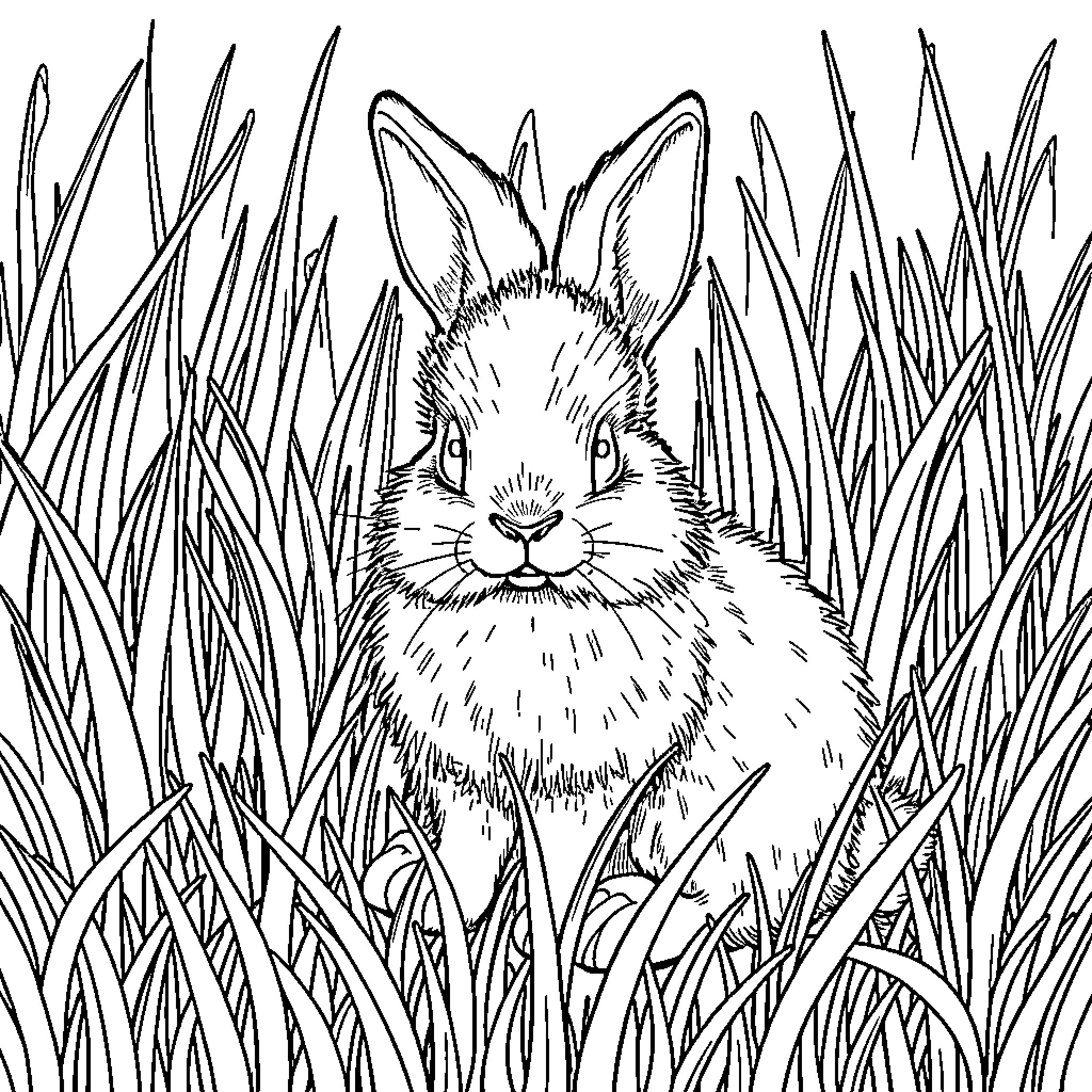 Bunny hiding in the tall grass Coloring Page (free black-and-white line drawing printable PDF for all, from beginners to advanced learners, including children, teens, adults, and seniors)