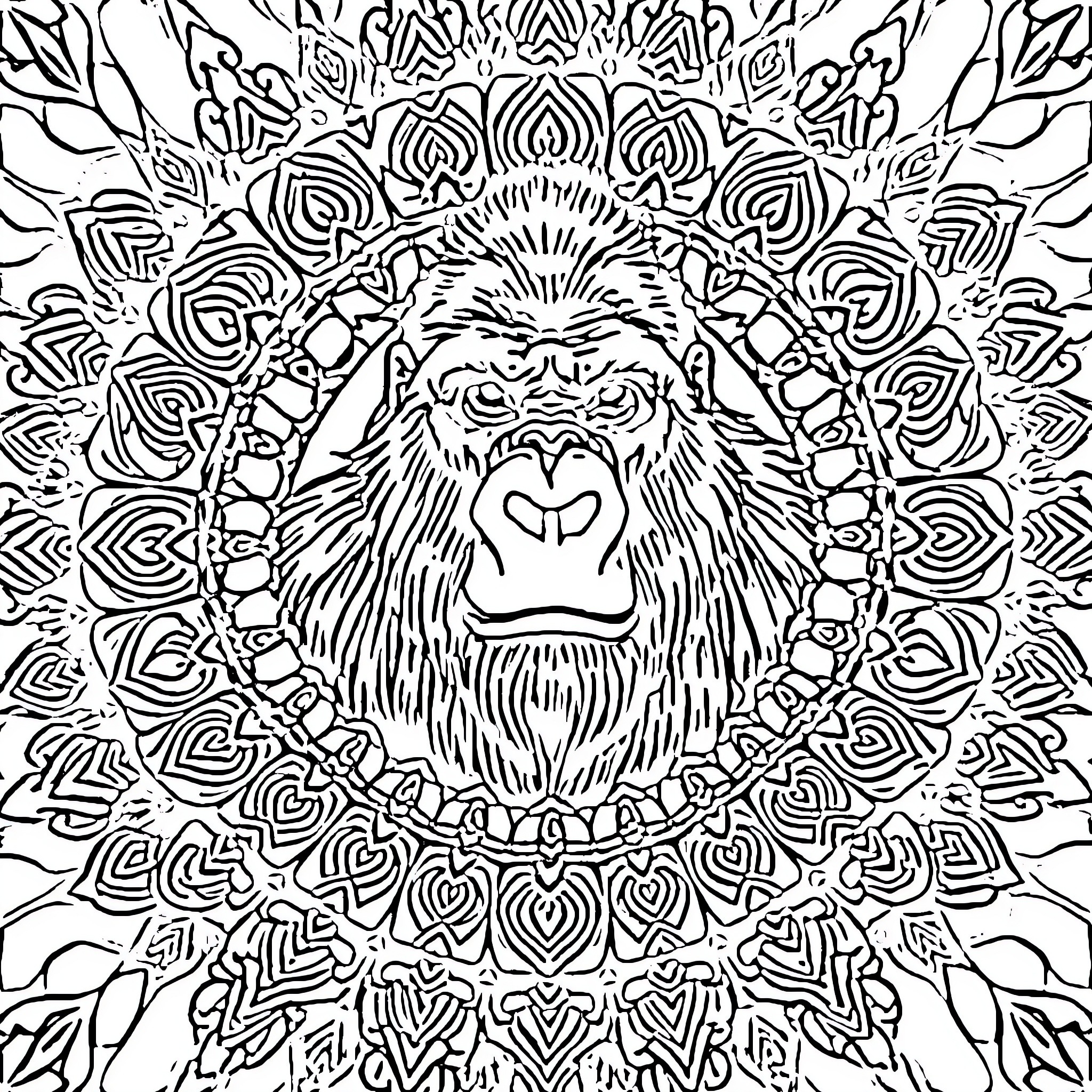 Gorilla surrounded by intricate mandala-like patterns Coloring Page (free black-and-white line drawing printable PDF for all, from beginners to advanced learners, including children, teens, adults, and seniors)
