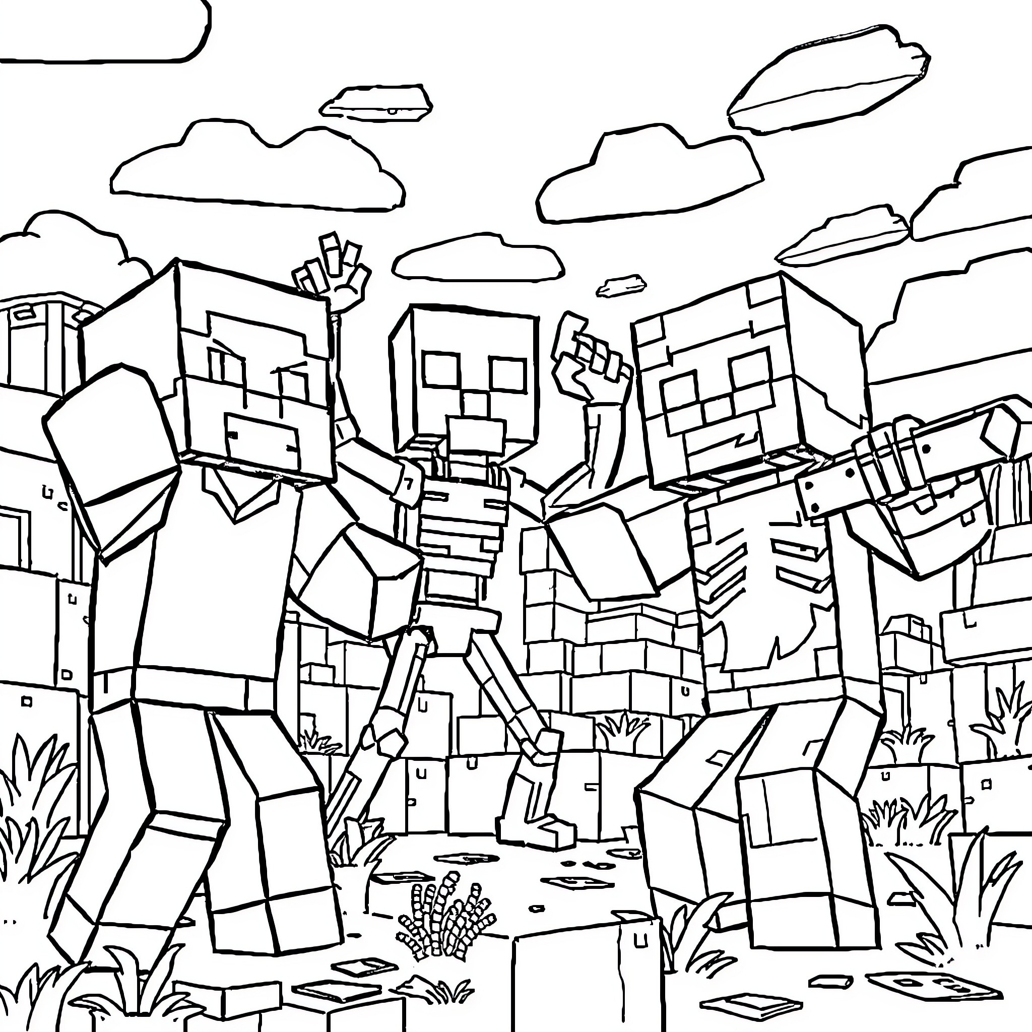 Minecraft Characters in a Blocky Cityscape Coloring Page (free black-and-white line drawing printable PDF for all, from beginners to advanced learners, including children, teens, adults, and seniors)