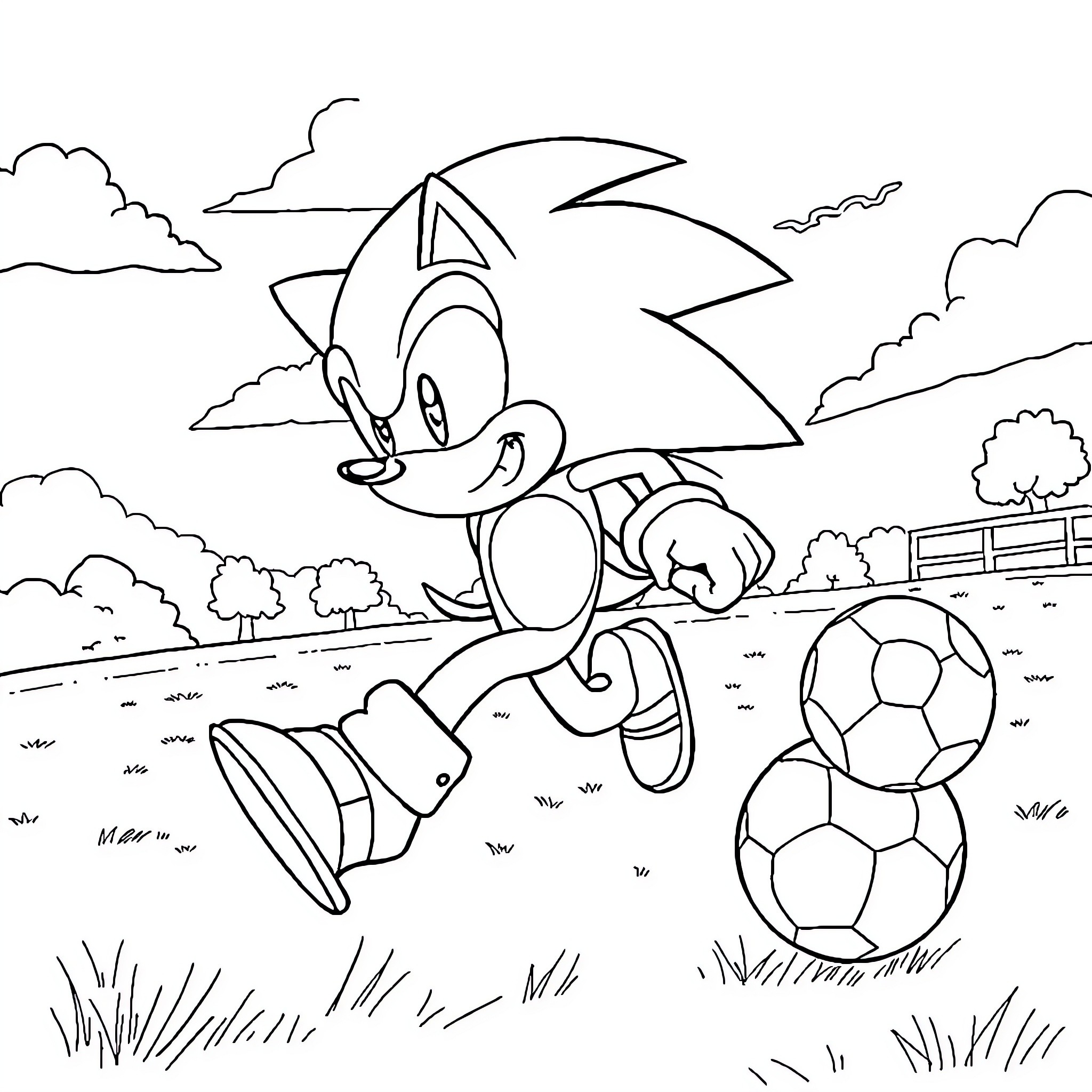 Sonic joyfully playing with soccer balls in the park Coloring Page (free black-and-white line drawing printable PDF for all, from beginners to advanced learners, including children, teens, adults, and seniors)