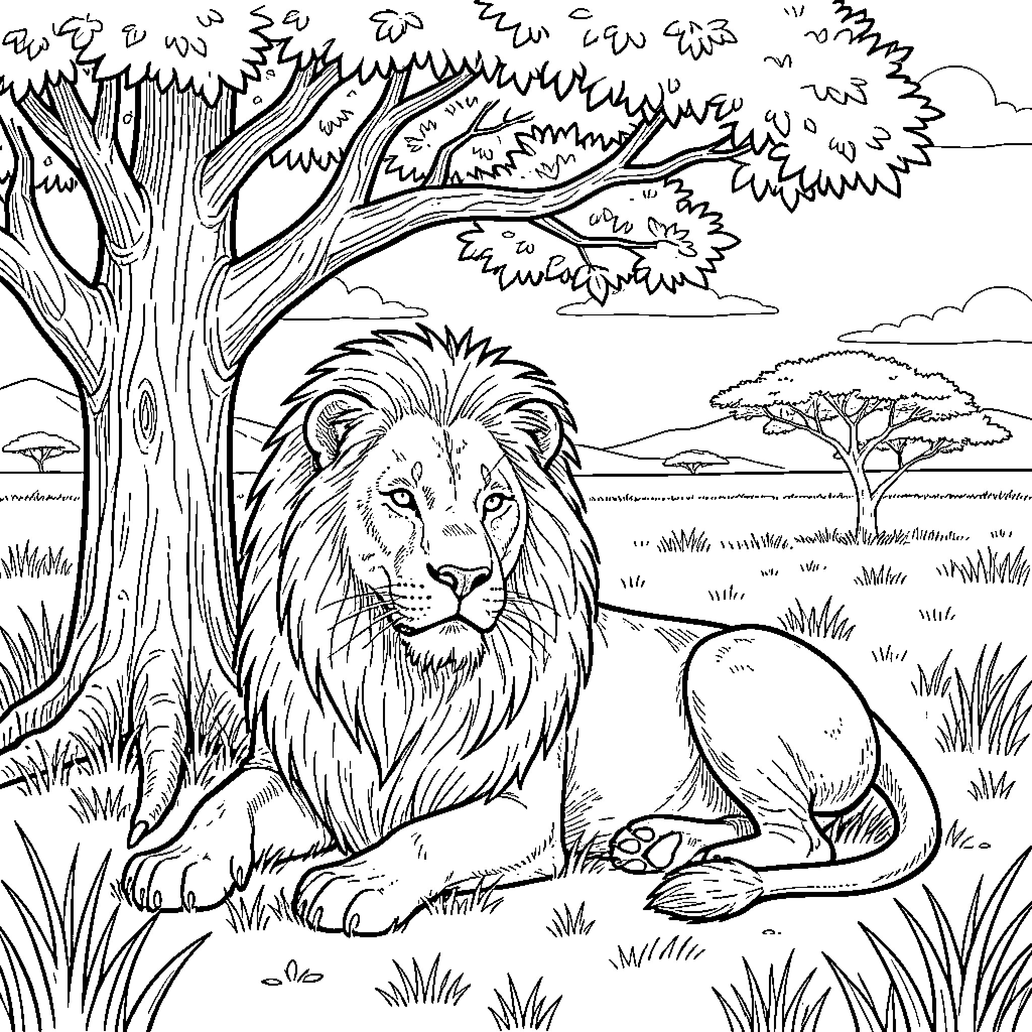 Lion resting in the wild savanna landscape Coloring Page (free black-and-white line drawing printable PDF for all, from beginners to advanced learners, including children, teens, adults, and seniors)