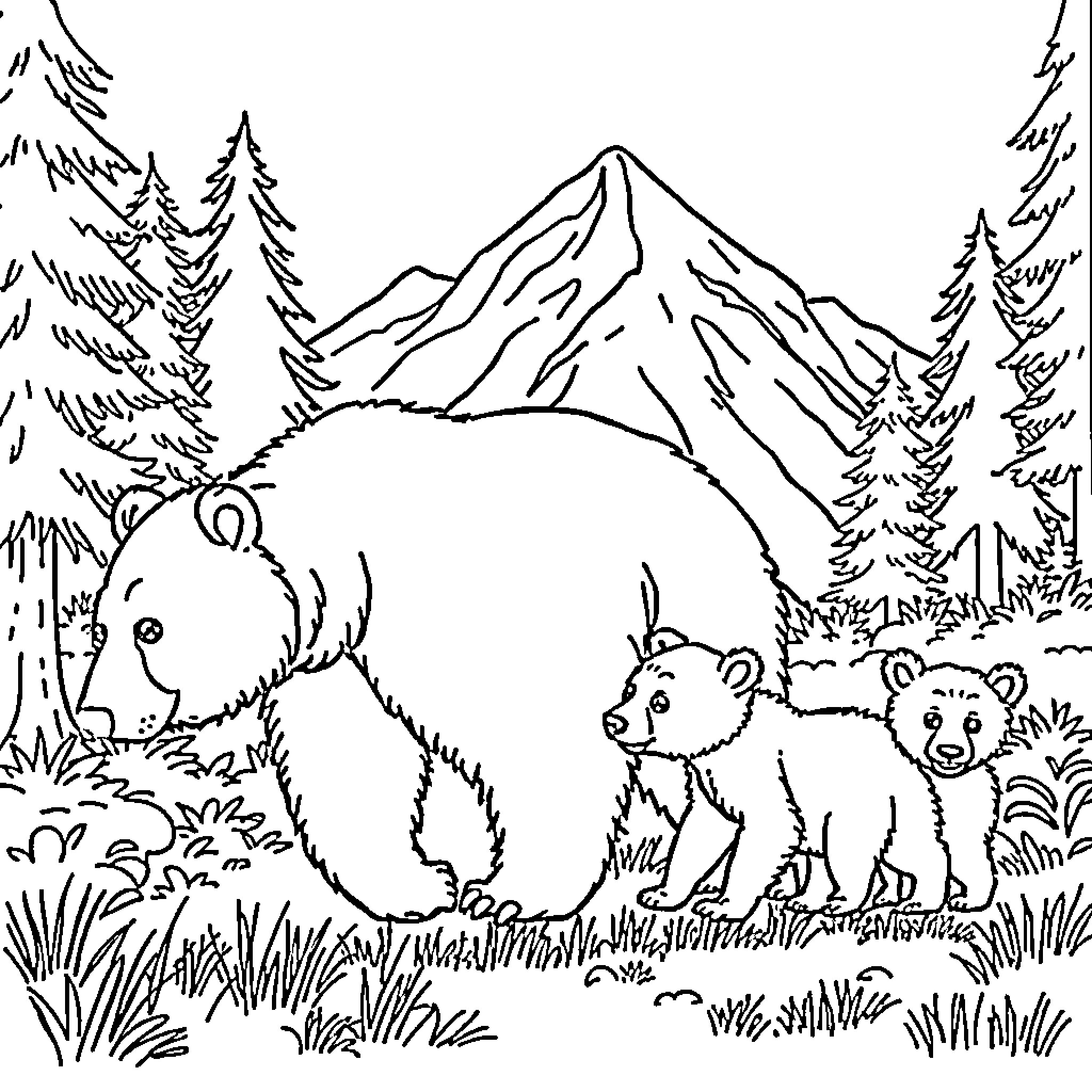 Bear cubs playing in the wilderness Coloring Page (free black-and-white line drawing printable PDF for all, from beginners to advanced learners, including children, teens, adults, and seniors)