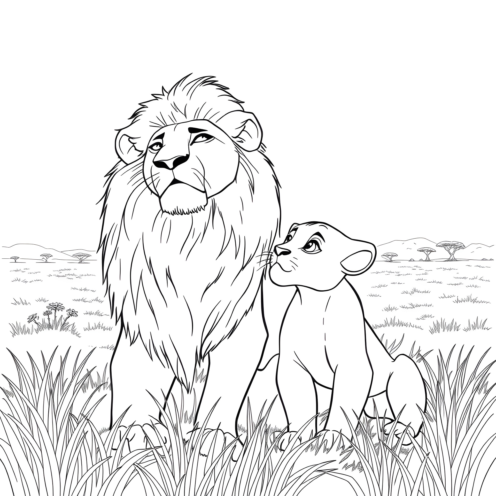 Lion and cub in the wild savanna Coloring Page (free black-and-white line drawing printable PDF for all, from beginners to advanced learners, including children, teens, adults, and seniors)